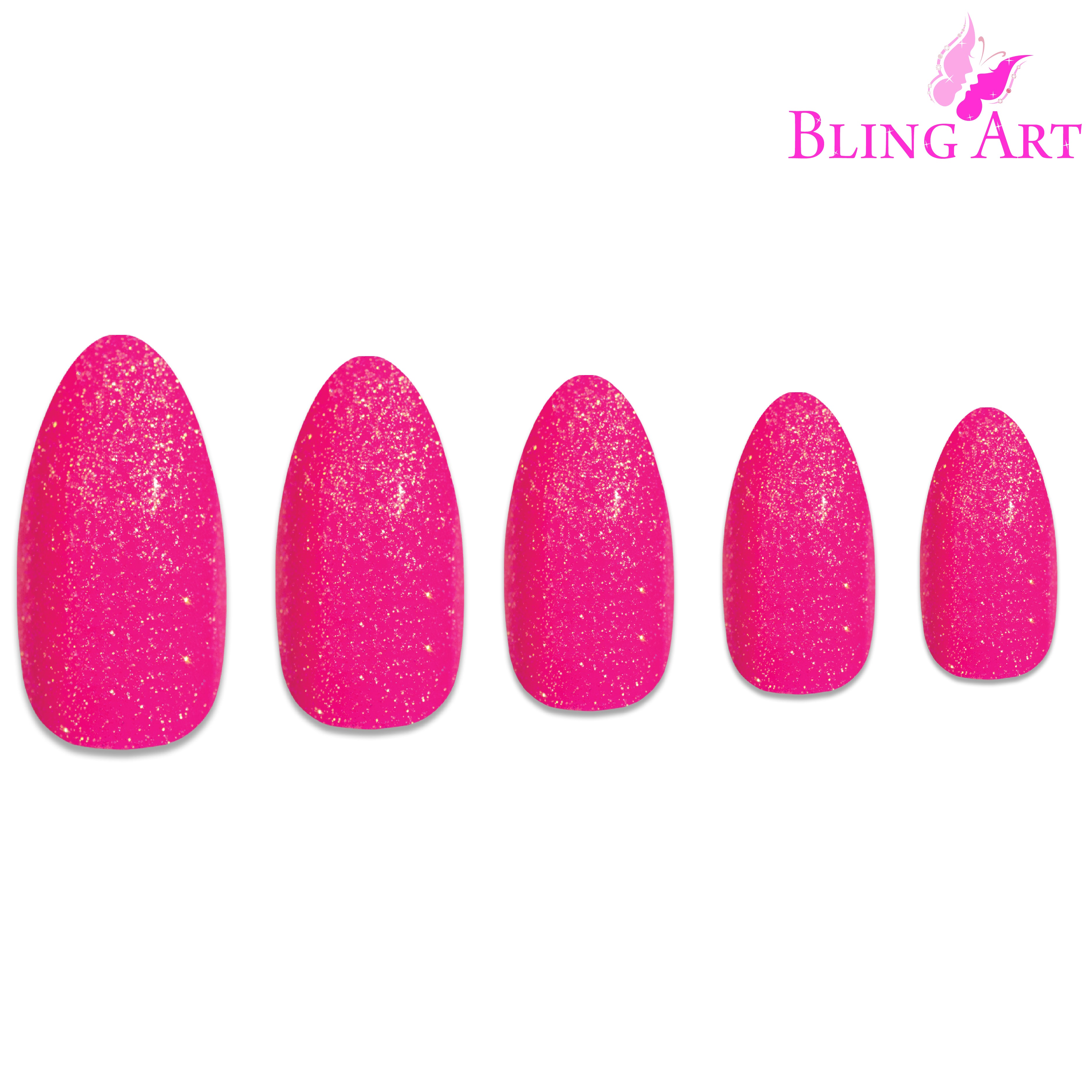Pink gel almond stiletto Bling Art press-on nails — lifestyle context shot showing the vibrant fuchsia-pink finish.