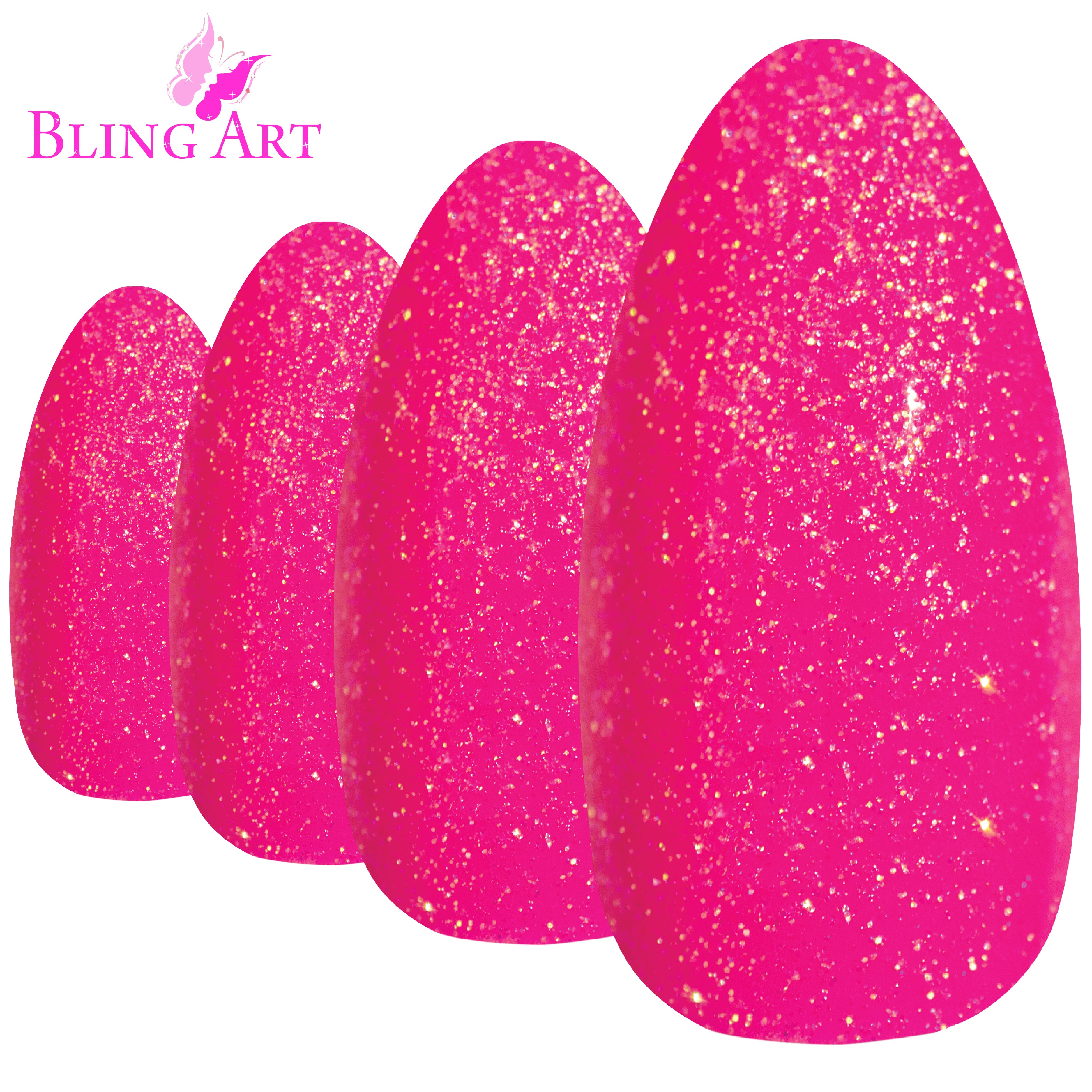 Pink gel almond stiletto Bling Art press-on nails — worn-hand close-up showing the fuchsia-pink gel coat on long pointed almond stiletto tips. Almond = Stiletto (same shape).