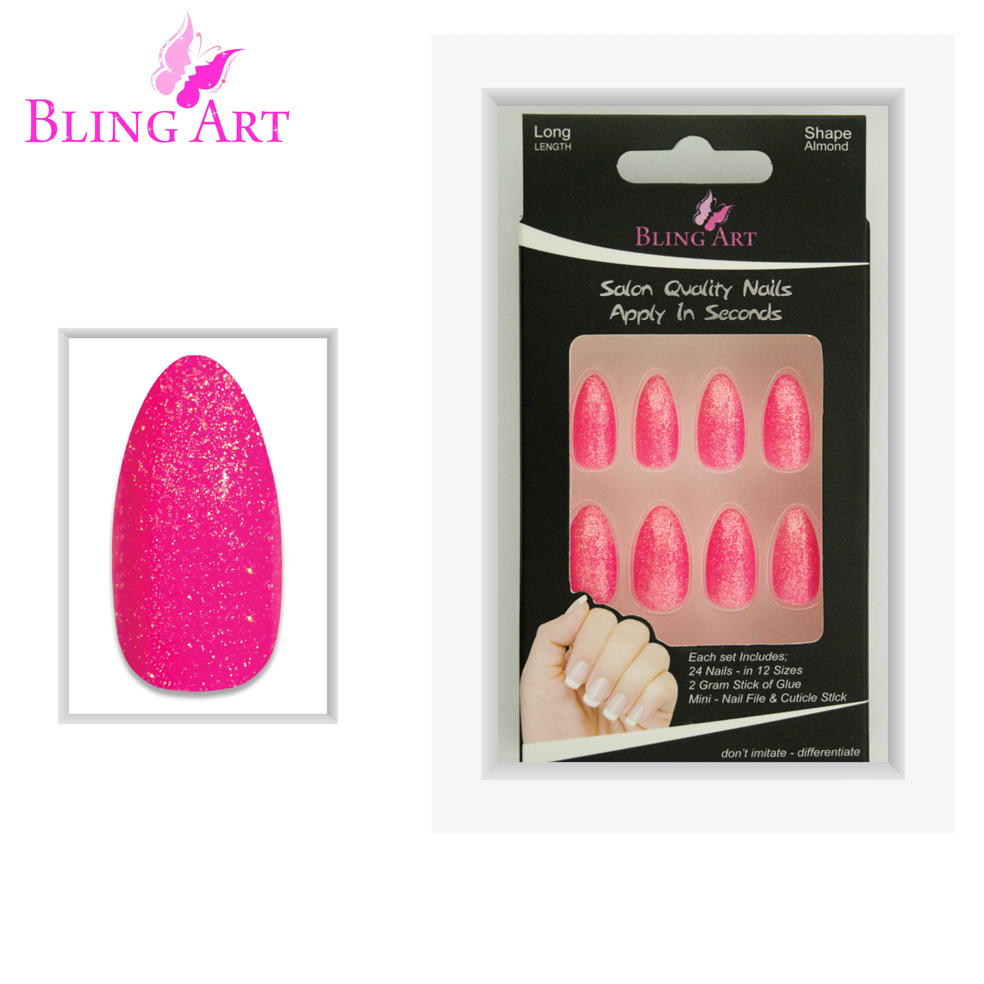 Bling Art Pink gel almond stiletto press-on nail set packaging — 24 nails, 12 sizes XS-XXL, file and cuticle stick included. Glue not included.