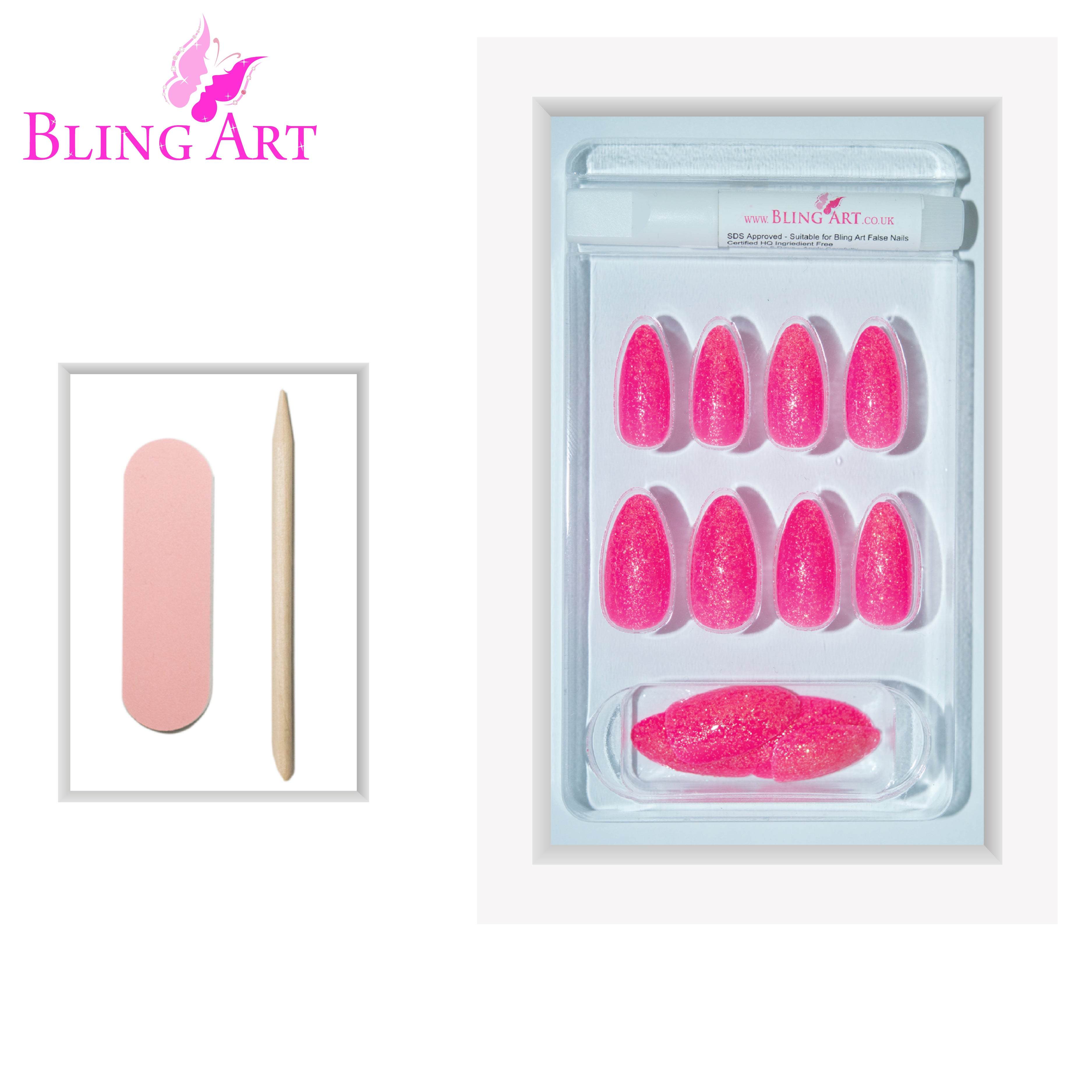 Pink gel almond stiletto Bling Art press-on nails — additional product view showing the fuchsia-pink long tip silhouette.