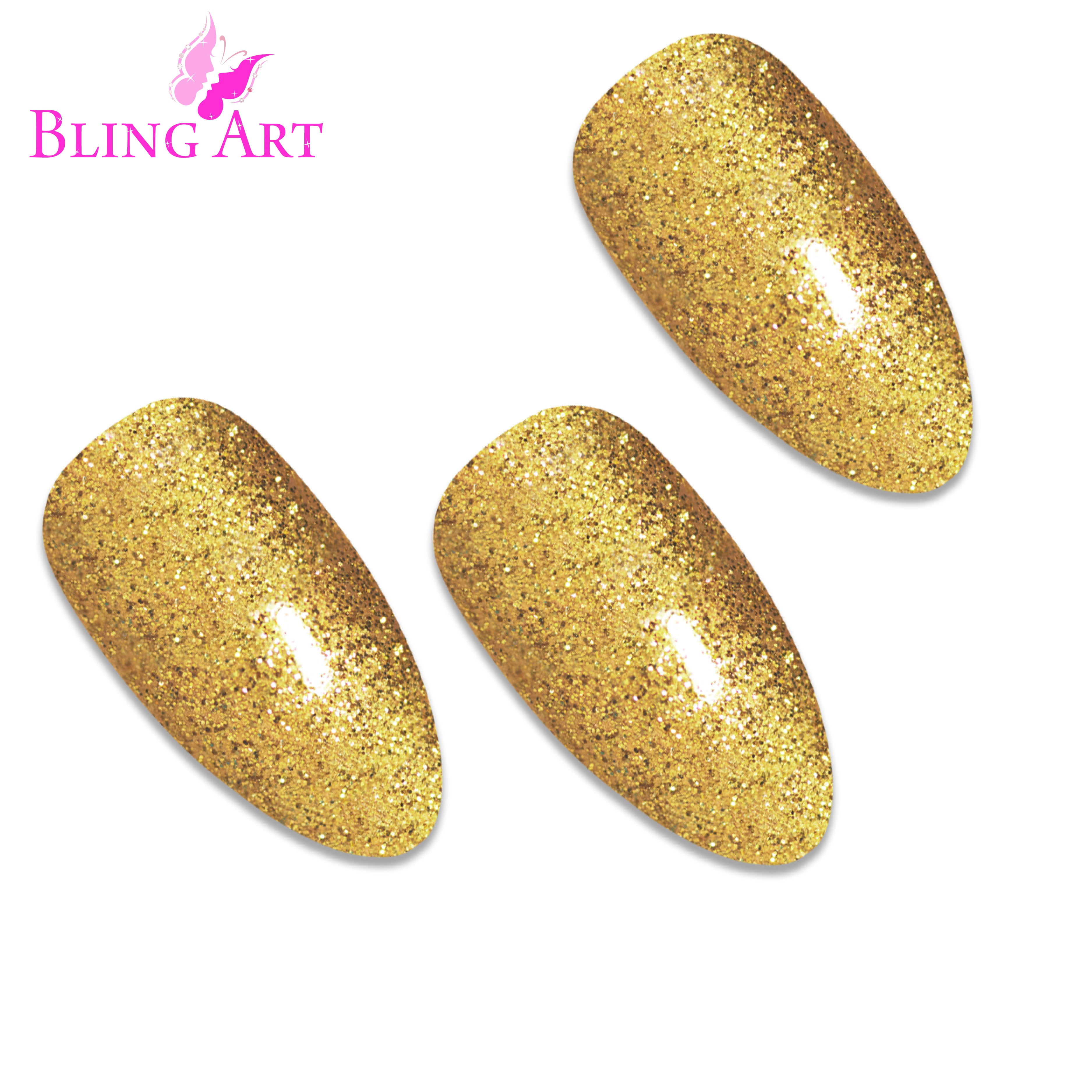 Gold gel almond stiletto Bling Art press-on nails — alternative angle revealing the bond line on the long almond stiletto shape.