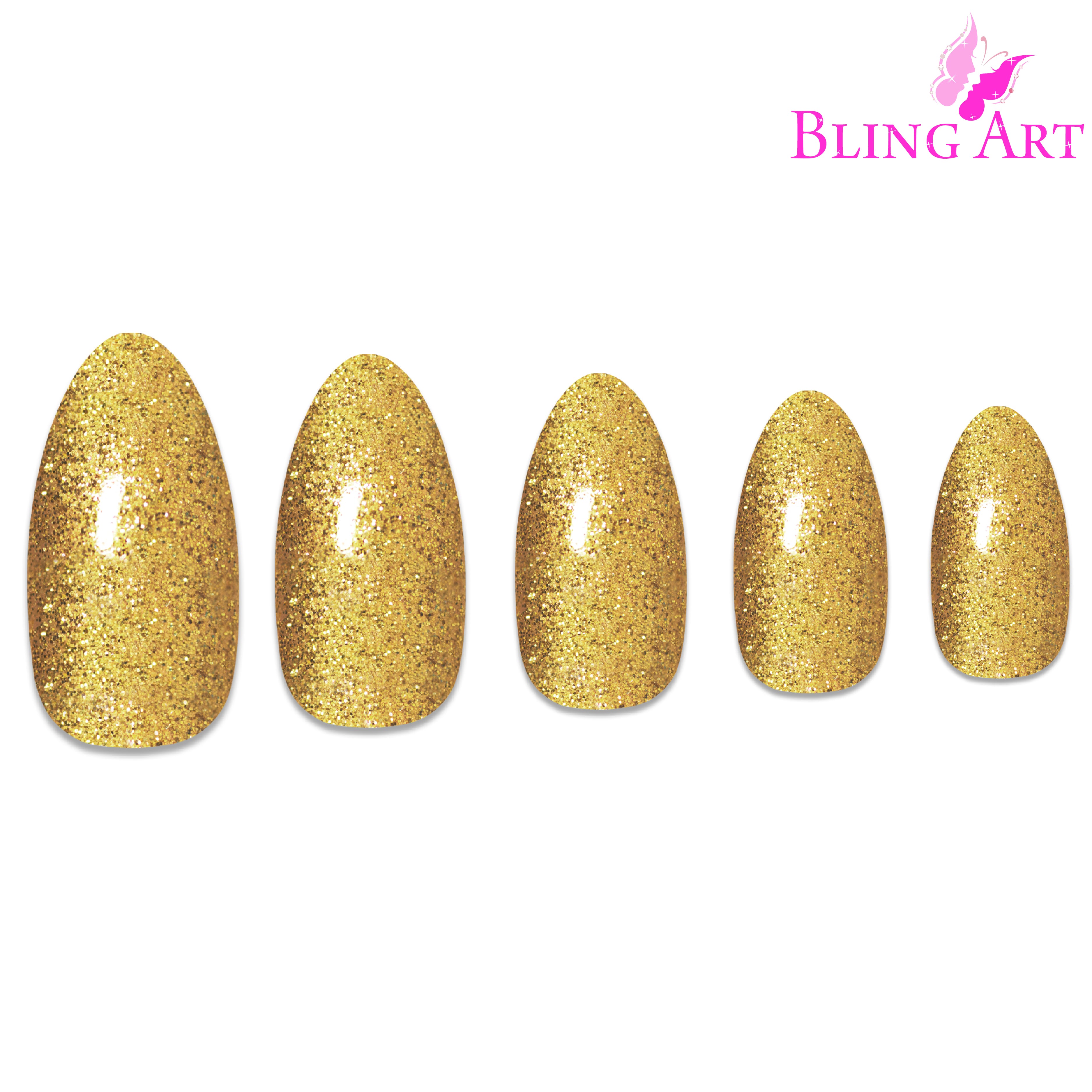 Gold gel almond stiletto Bling Art press-on nails — full-hand reveal showing all 24 nails for weddings, Christmas and festive parties.