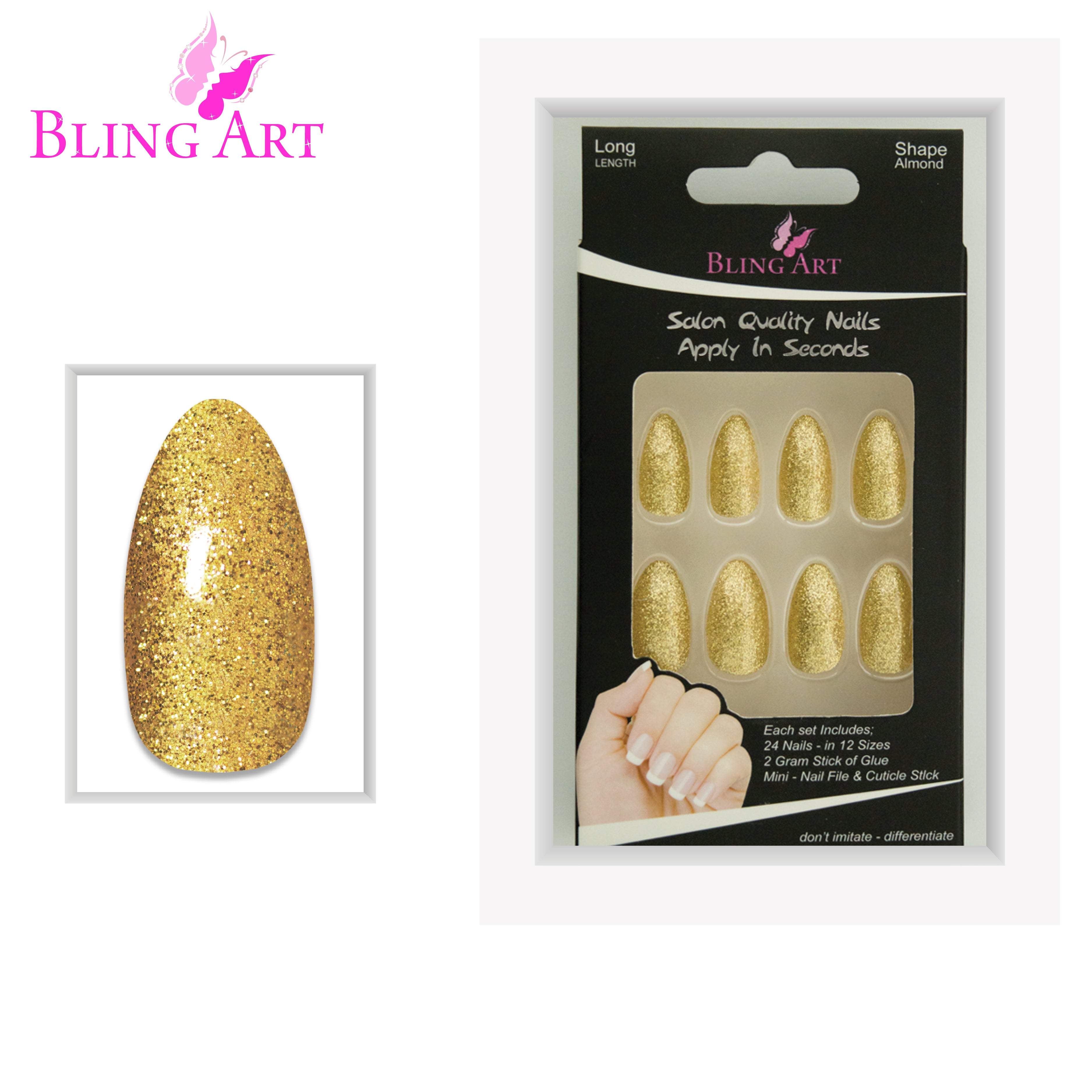 Bling Art Gold gel almond stiletto press-on nail set packaging — 24 nails, 12 sizes XS-XXL, file and cuticle stick included. Glue not included.