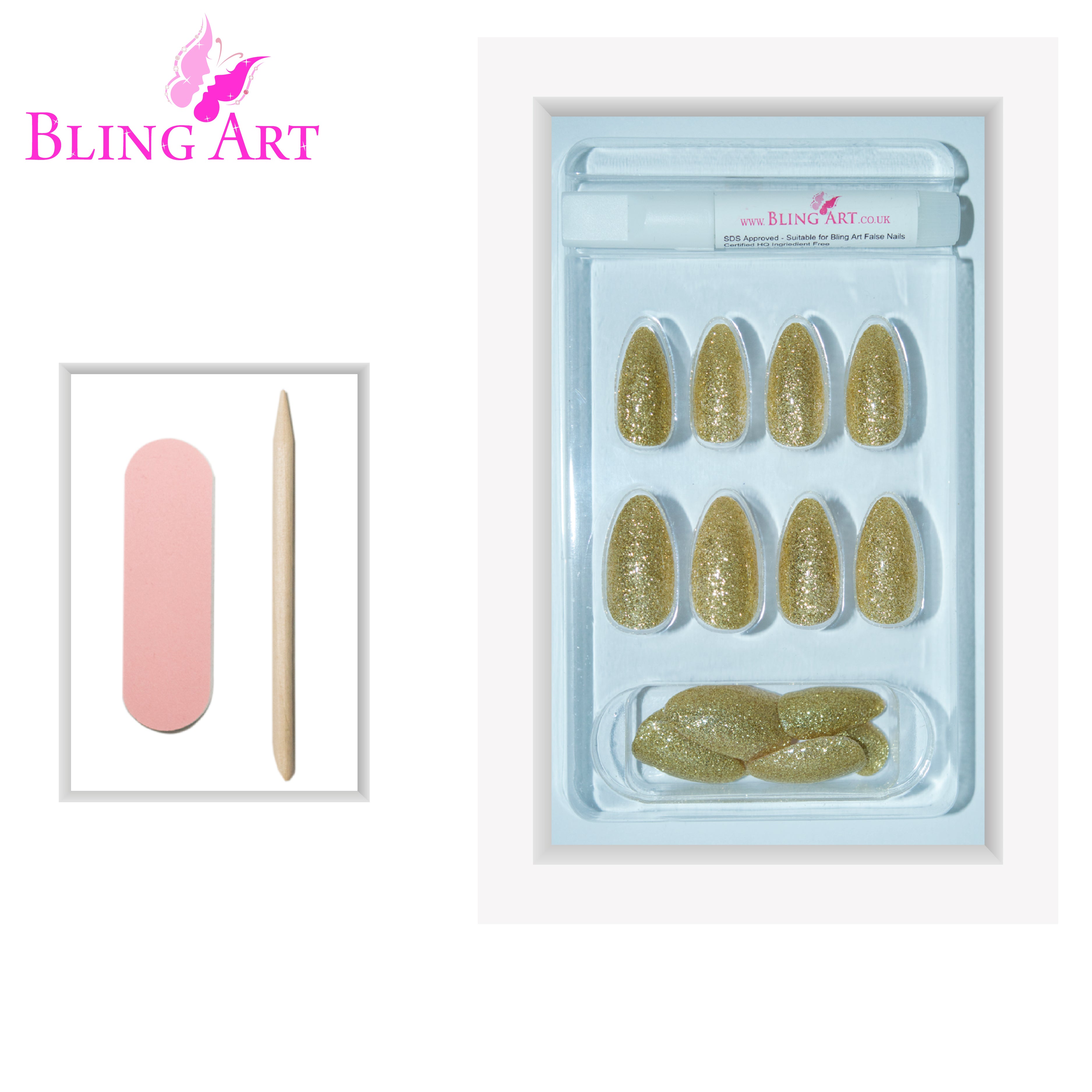 Gold gel almond stiletto Bling Art press-on nails — additional product view showing the champagne-gold long tip silhouette.