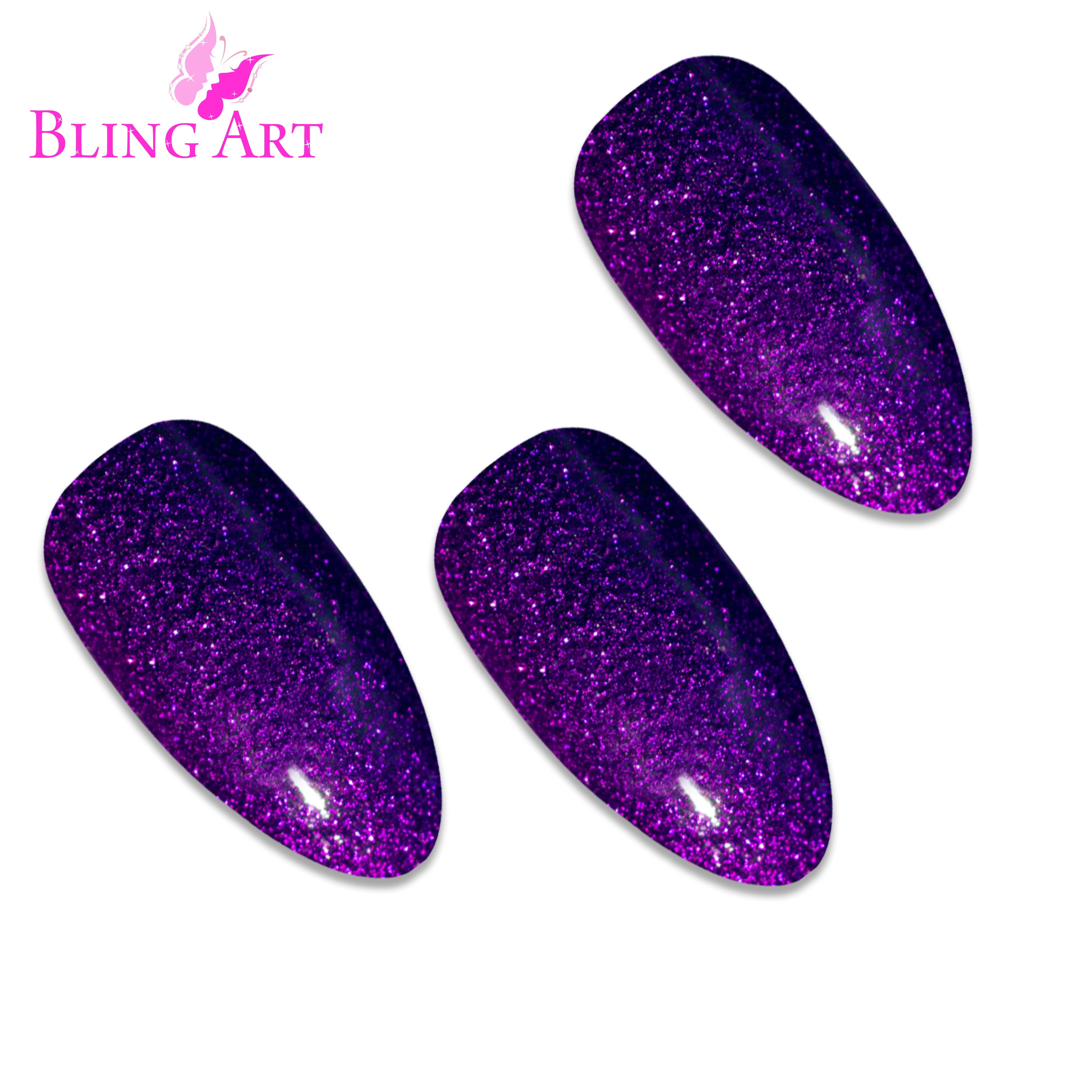 Bling Art Purple gel almond stiletto press-on nail set packaging — 24 nails, 12 sizes XS-XXL, file and cuticle stick included. Glue not included.