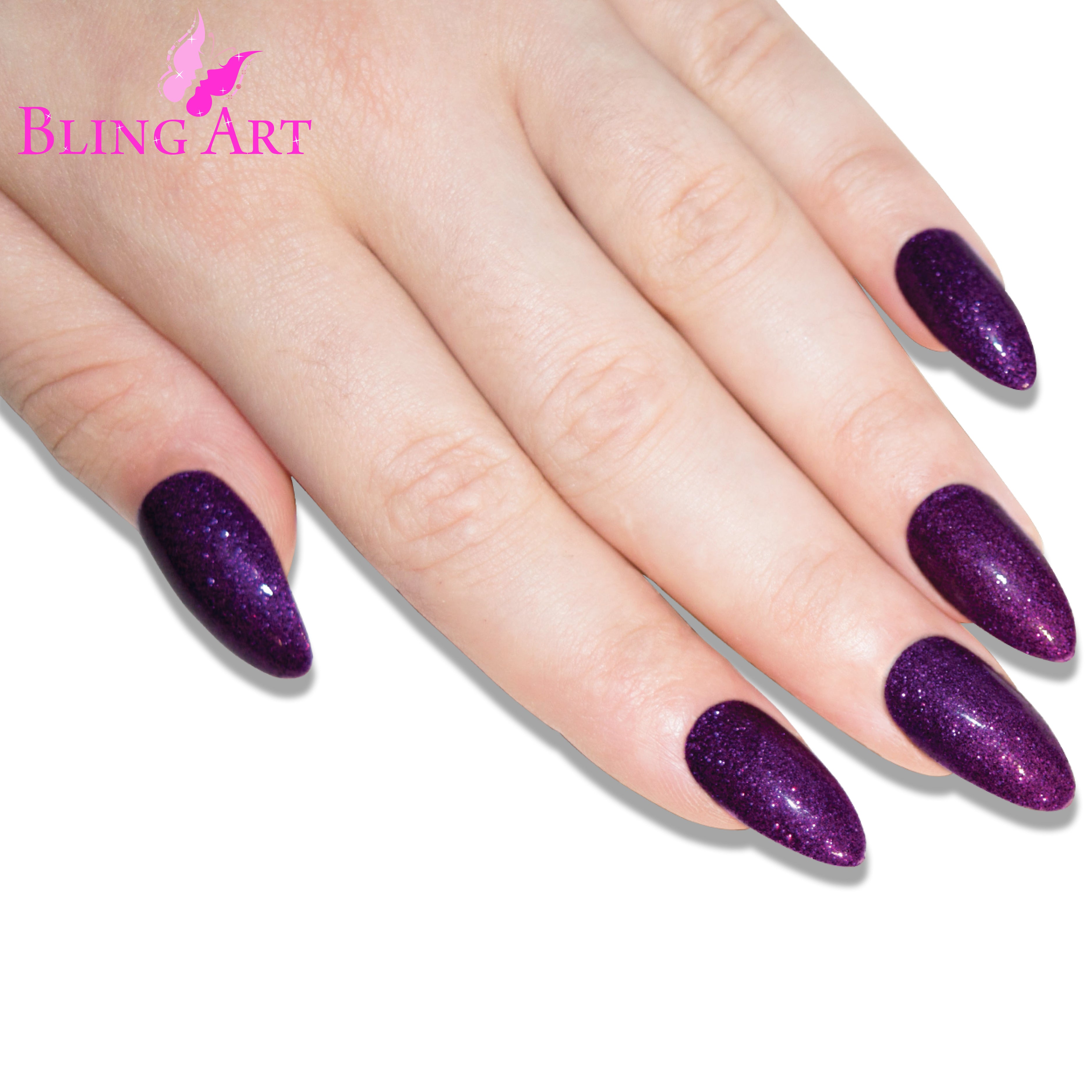 Purple gel almond stiletto Bling Art press-on nails — additional product view showing the aubergine gel long tip silhouette.