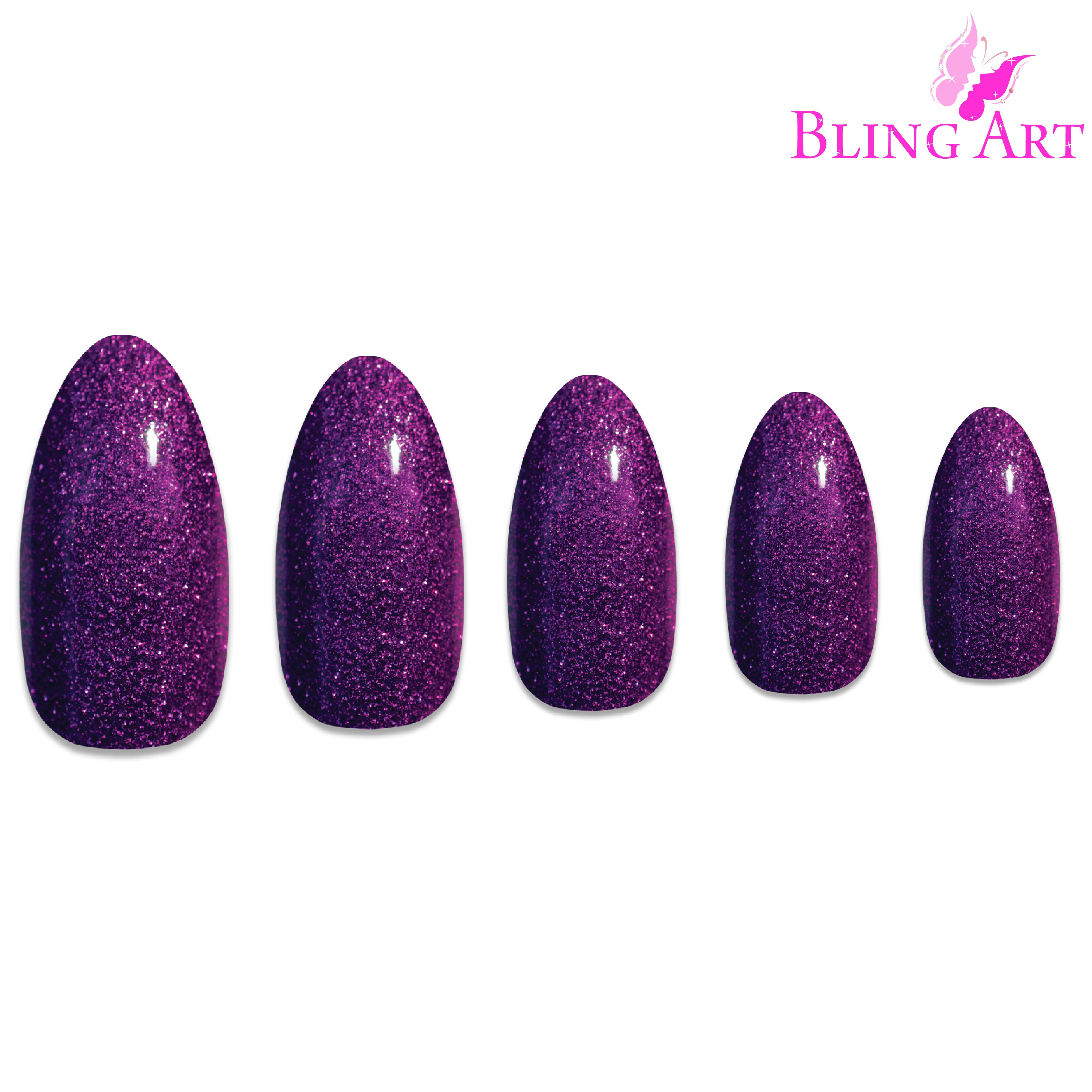 Purple gel almond stiletto Bling Art press-on nails — full-hand reveal showing all 24 nails for evening wear and special occasions.