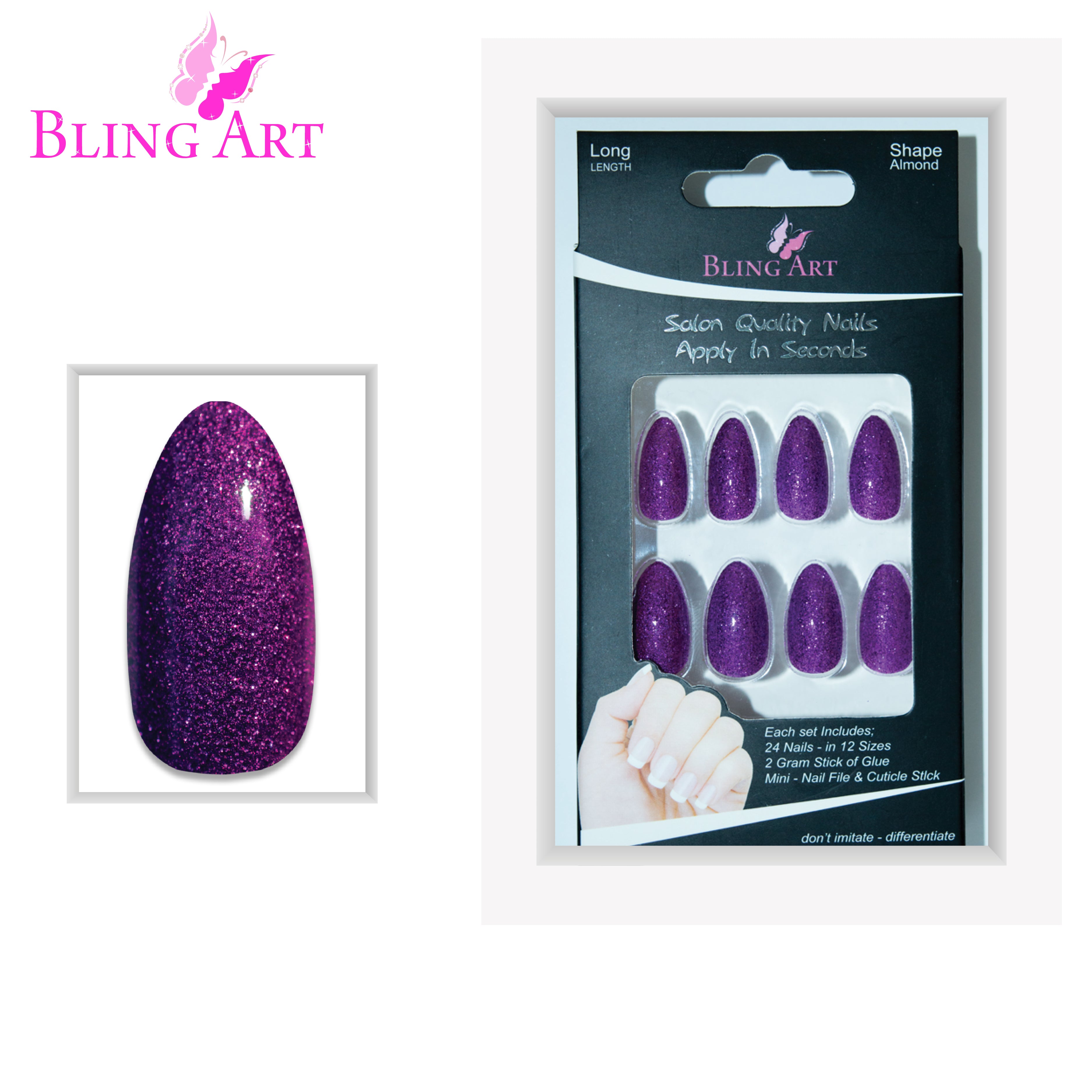 Purple gel almond stiletto Bling Art press-on nails — alternative angle revealing the bond line on the long almond stiletto shape.