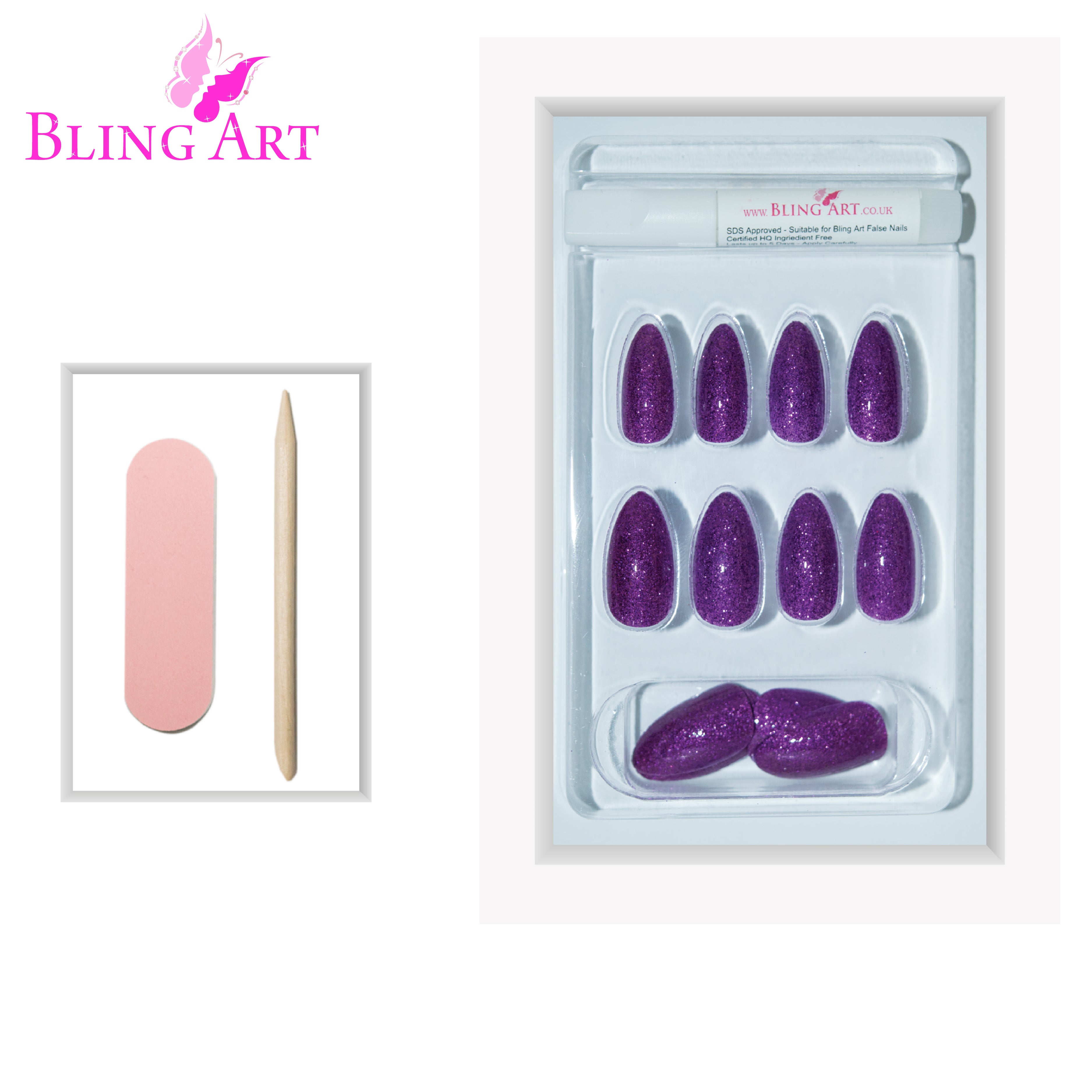 Purple gel almond stiletto Bling Art press-on nails — lifestyle context shot showing the jewel-tone aubergine high-shine.