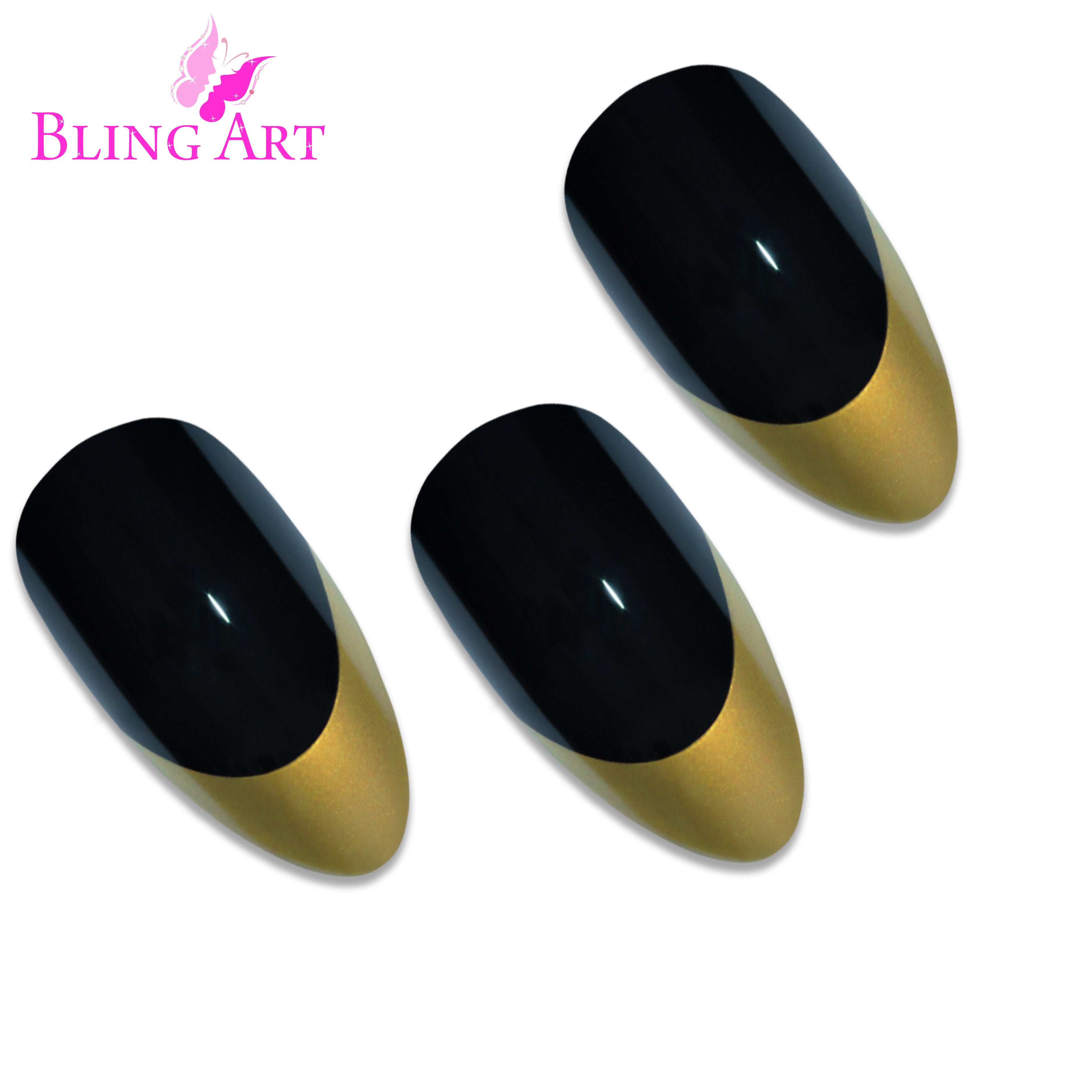 Black Gold almond stiletto Bling Art press-on nails — worn-hand close-up showing the two-tone jet-black and champagne-gold on long pointed almond stiletto tips. Almond = Stiletto (same shape).