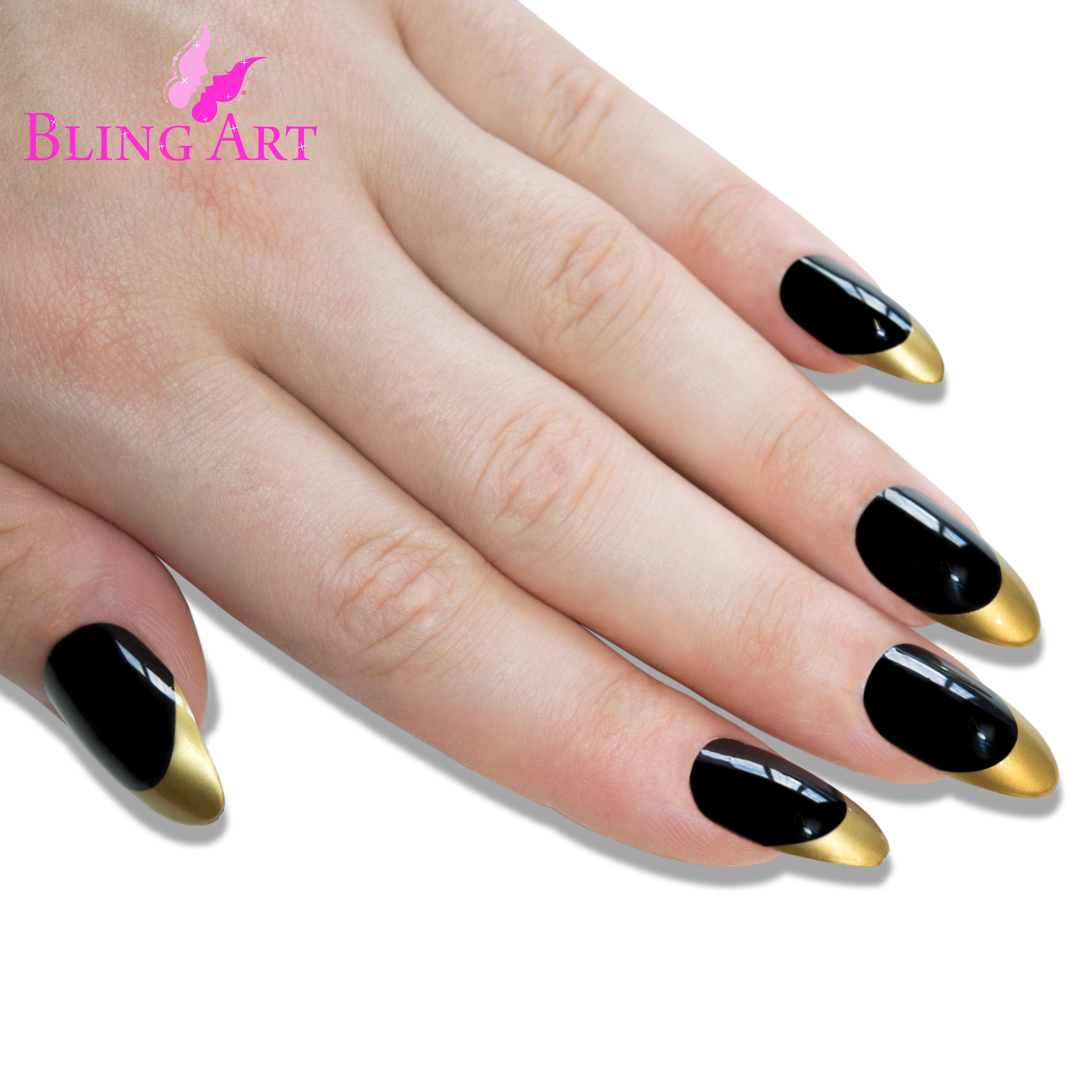 Black Gold almond stiletto Bling Art press-on nails — alternative angle revealing the two-tone bond line on the long almond stiletto shape.