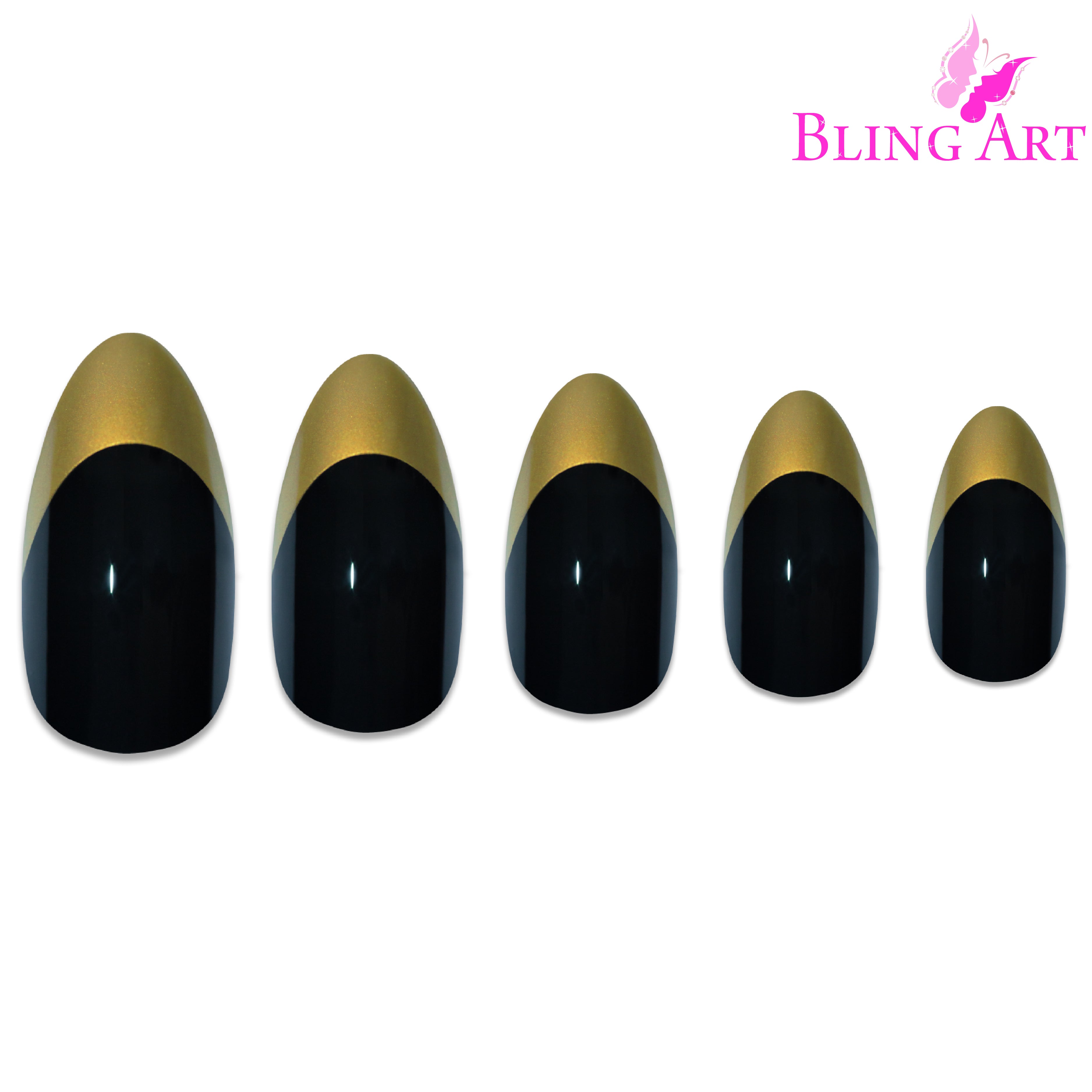 Black Gold almond stiletto Bling Art press-on nails — full-hand reveal showing all 24 nails for parties, weddings and Christmas events.