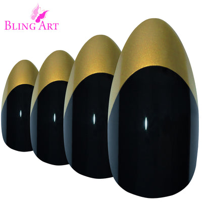 Two-tone jet black and champagne gold almond stiletto long press-on false nails by Bling Art — luxe statement for parties, weddings, and Christmas events · high-shine finish · long almond stiletto tips · 24 nails per set with adhesive · designed in Yorkshire
