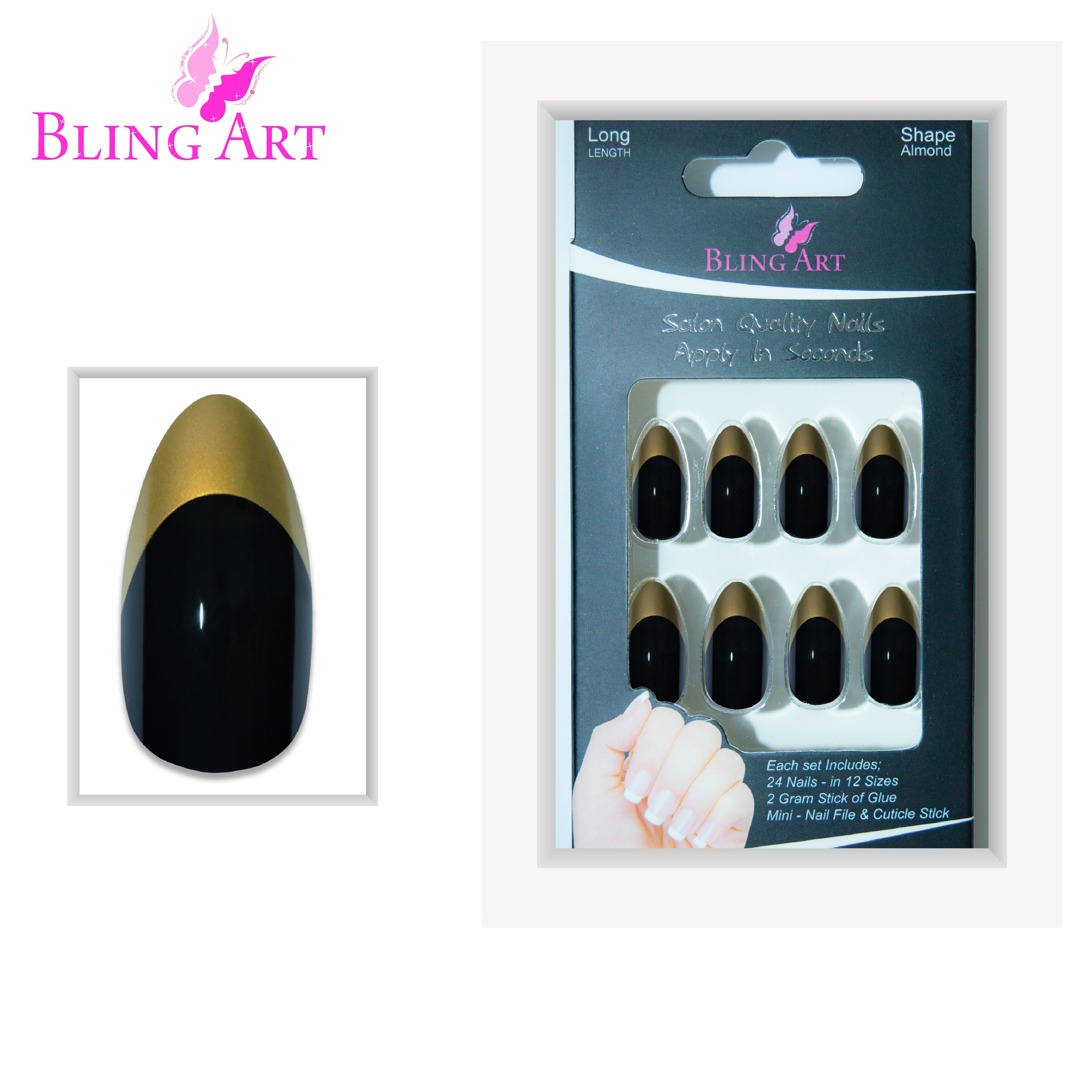 Black Gold almond stiletto Bling Art press-on nails — lifestyle context shot showing the luxe two-tone statement.