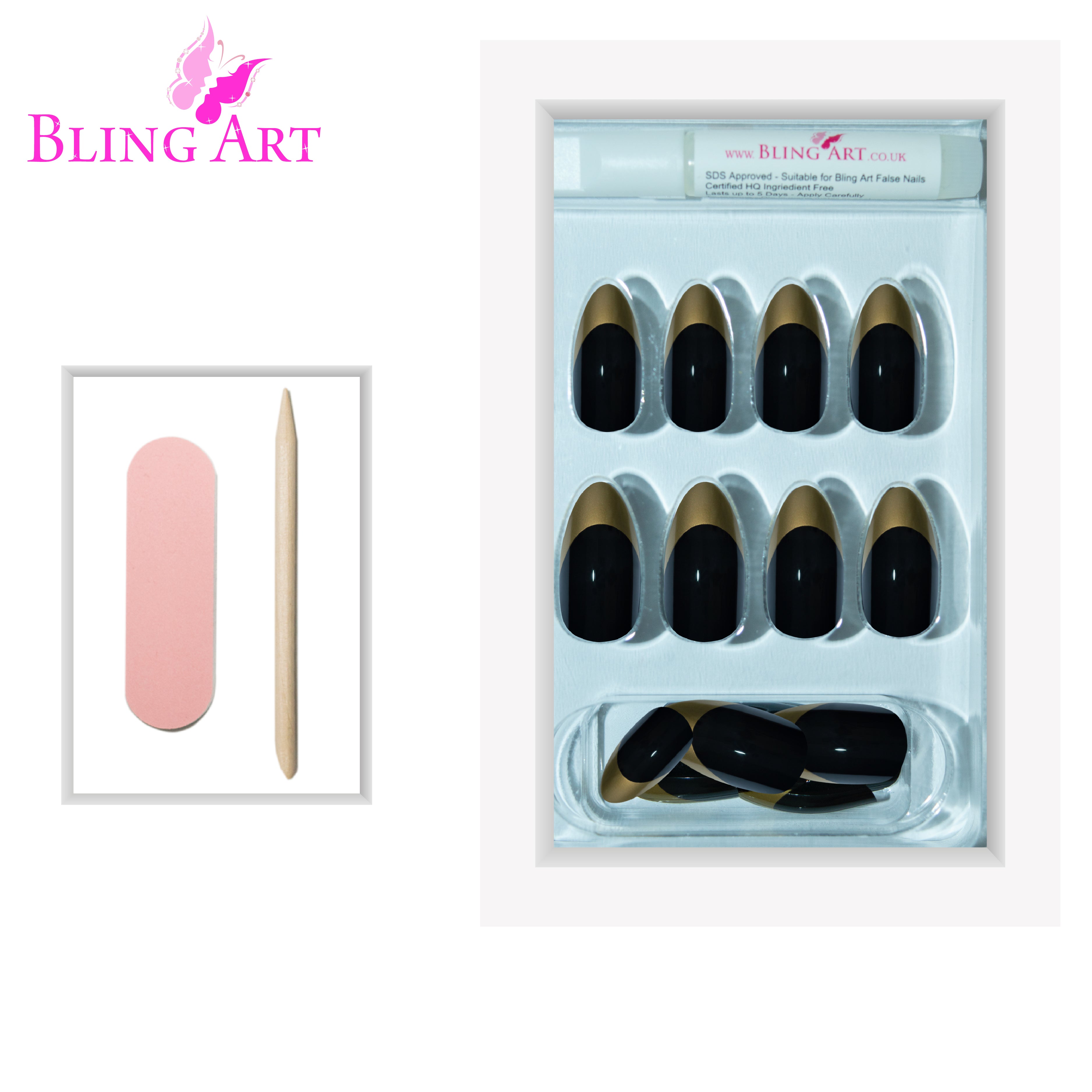 Bling Art Black Gold almond stiletto press-on nail set packaging — 24 nails, 12 sizes XS-XXL, file and cuticle stick included. Glue not included.