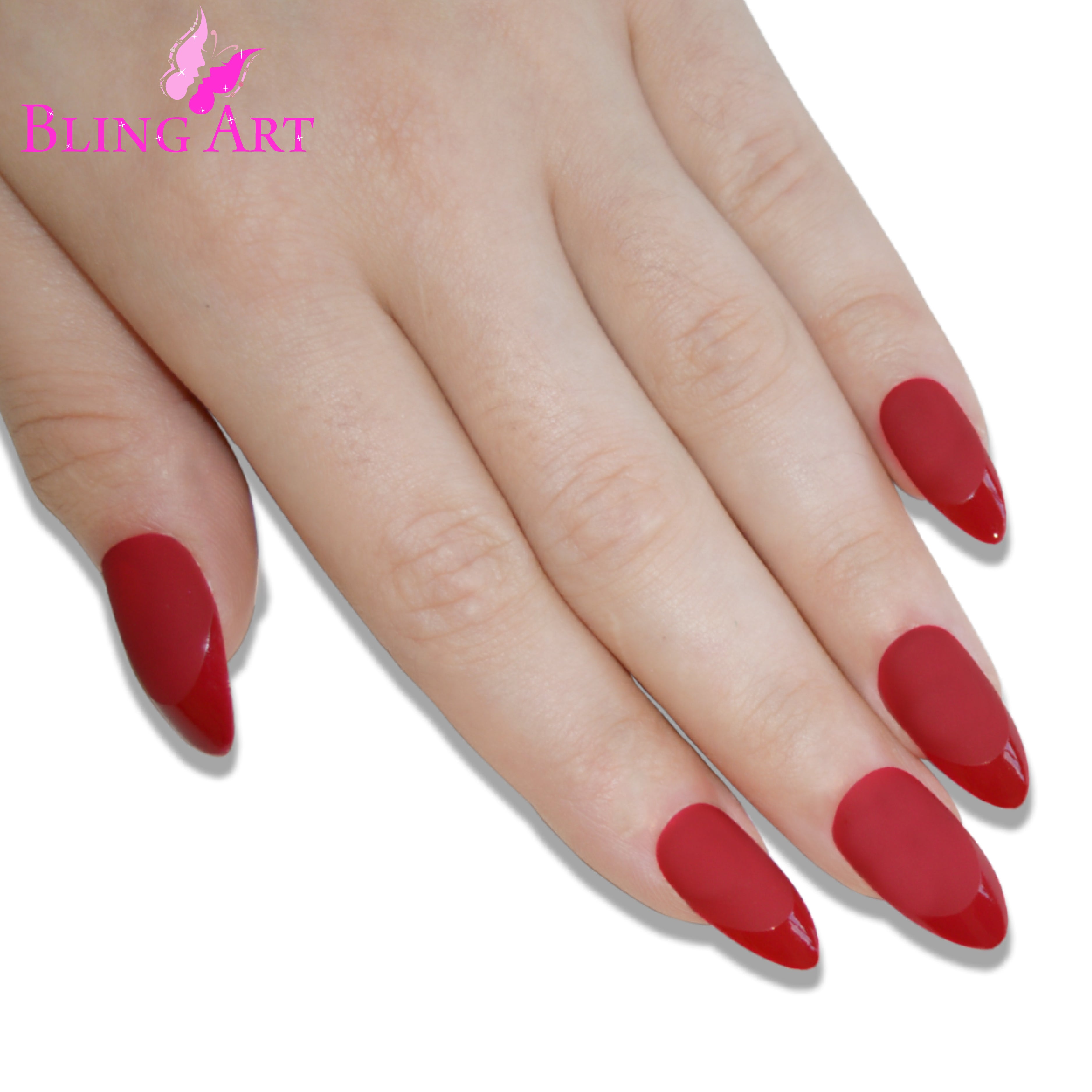 Red matte almond stiletto Bling Art press-on nails — full-hand reveal showing all 24 nails for date nights, parties and editorial events.