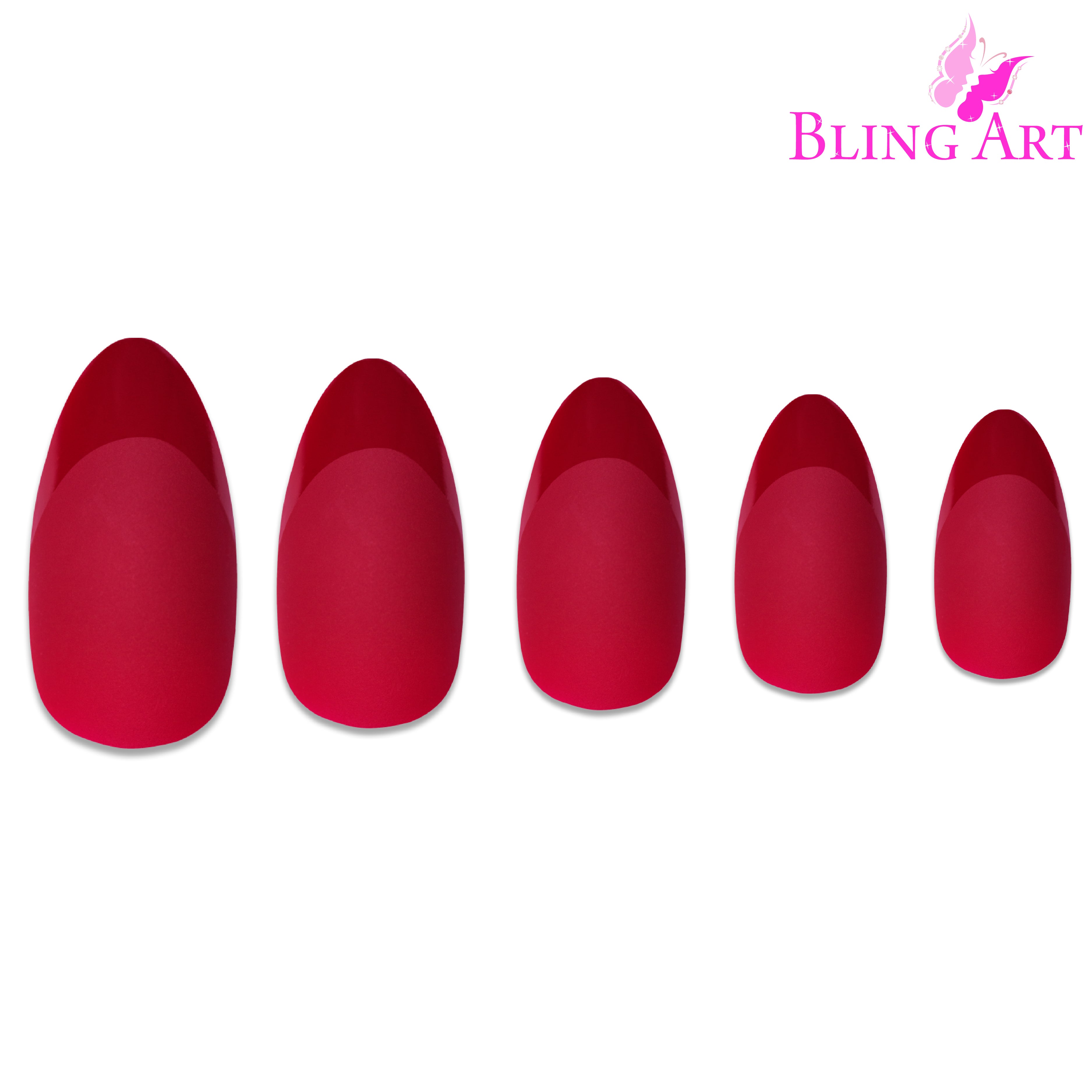Red matte almond stiletto Bling Art press-on nails — alternative angle revealing the bond line on the long almond stiletto shape.