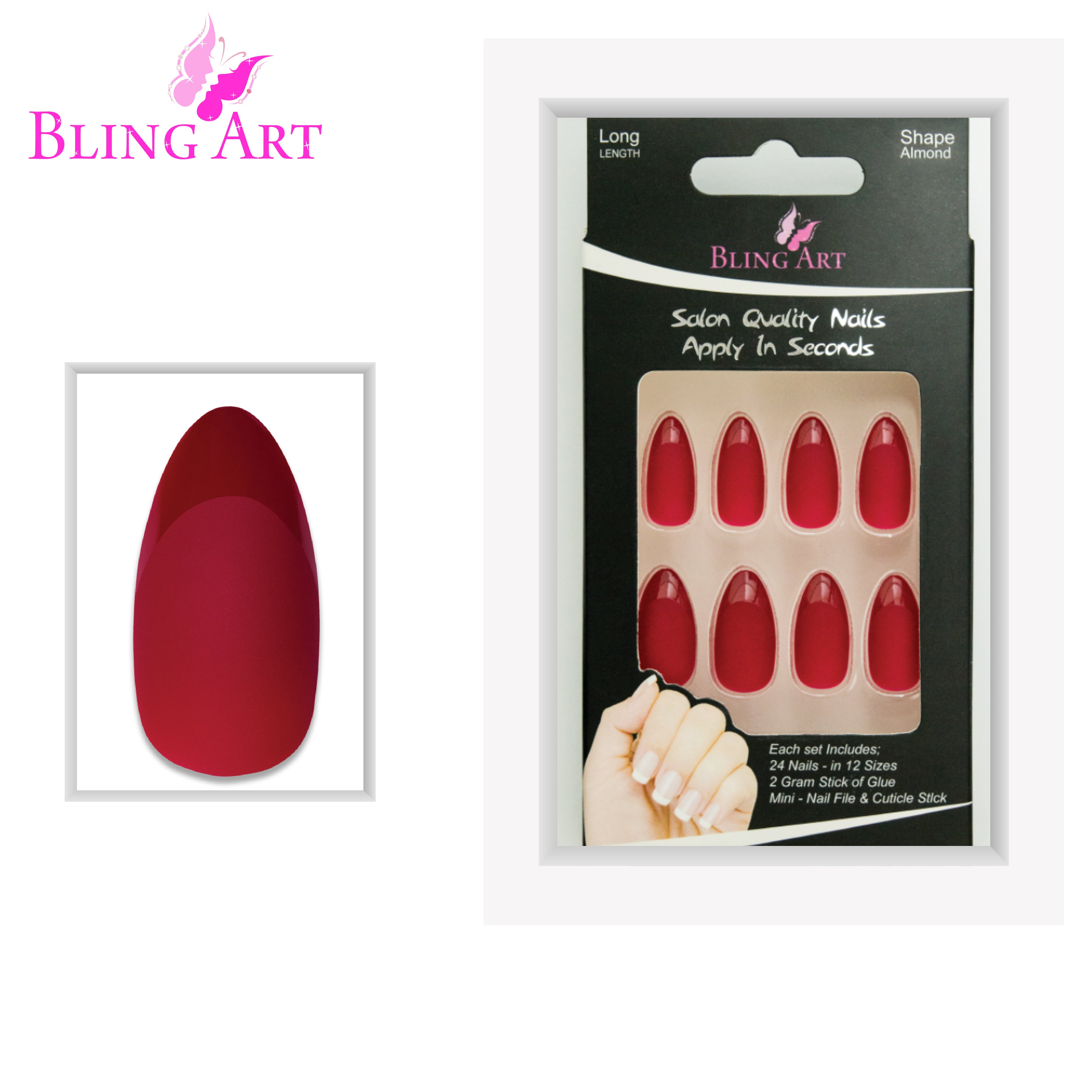 Red matte almond stiletto Bling Art press-on nails — lifestyle context shot showing the fierce crimson velvet matte finish.