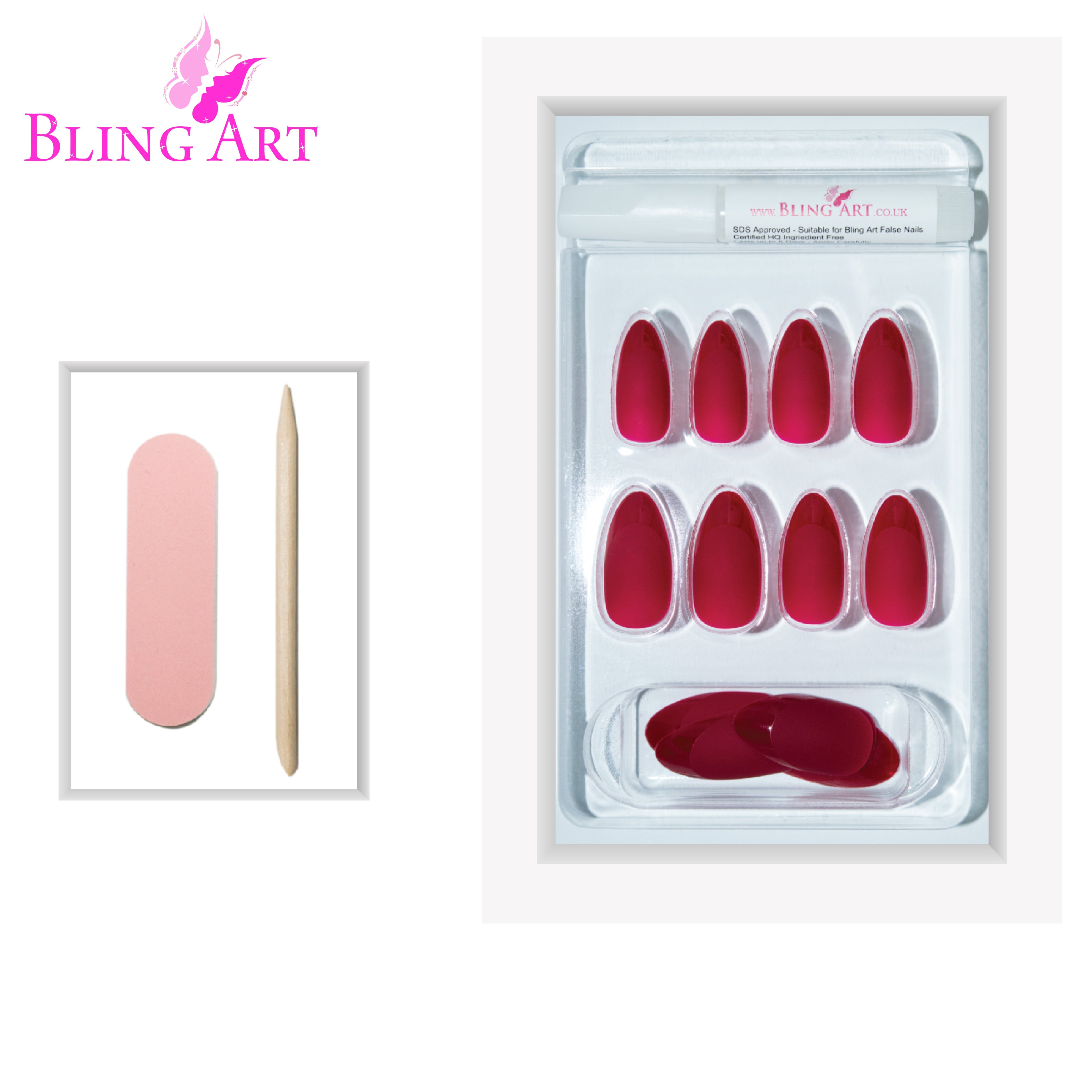 Bling Art Red matte almond stiletto press-on nail set packaging — 24 nails, 12 sizes XS-XXL, file and cuticle stick included. Glue not included.