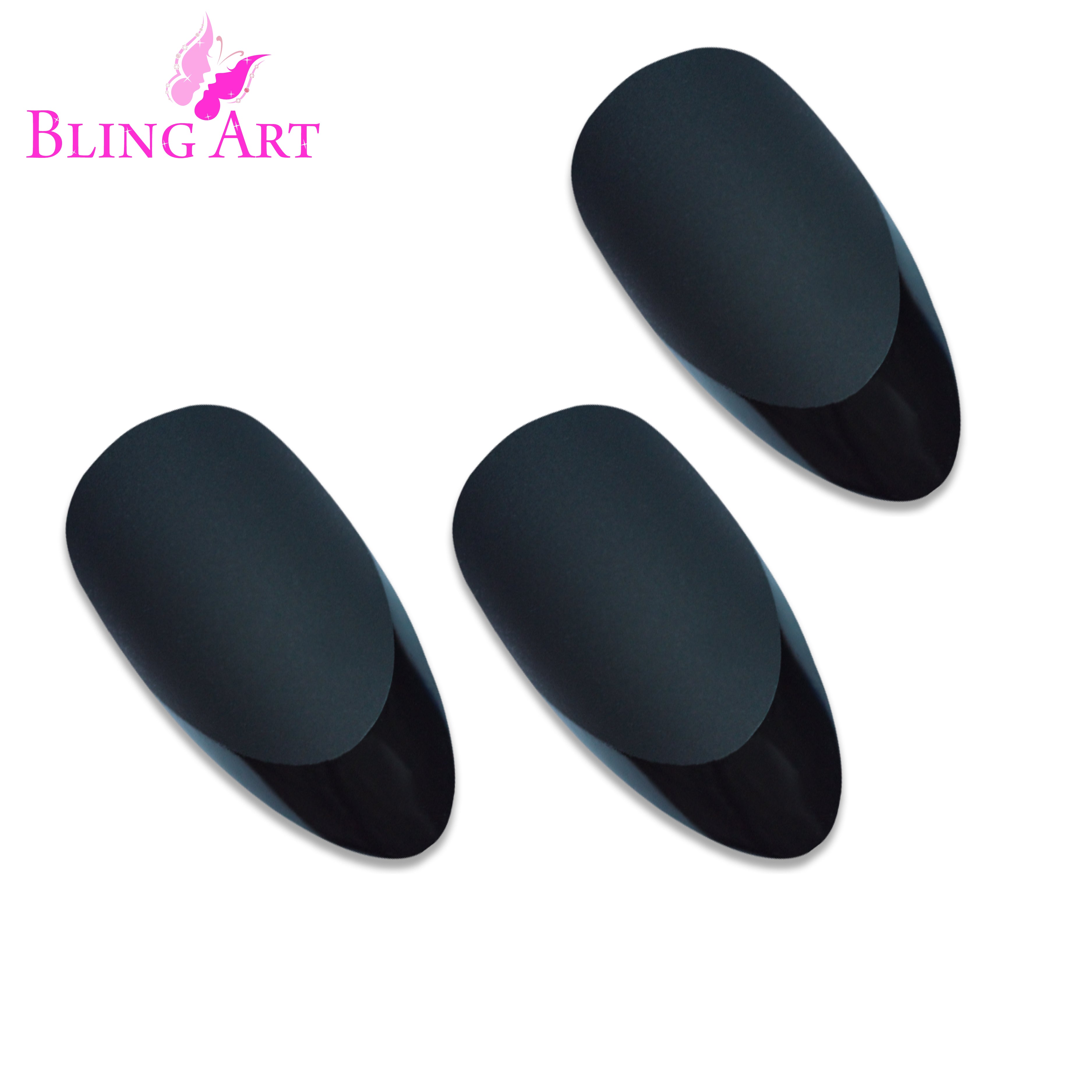 Bling Art Black matte almond stiletto press-on nail set packaging — 24 nails, 12 sizes XS-XXL, file and cuticle stick included. Glue not included.