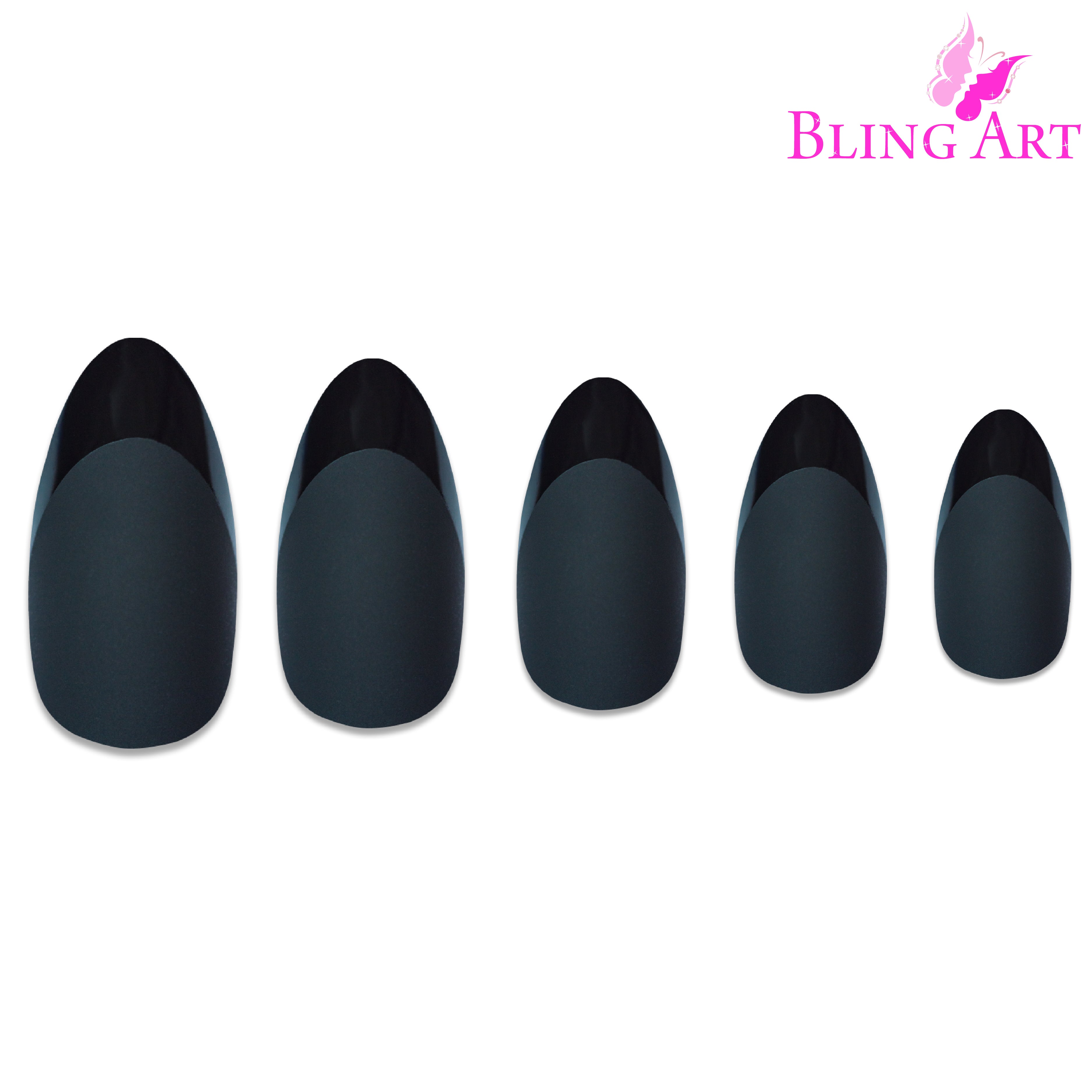 Black matte almond stiletto Bling Art press-on nails — alternative angle revealing the bond line on the long almond stiletto shape.