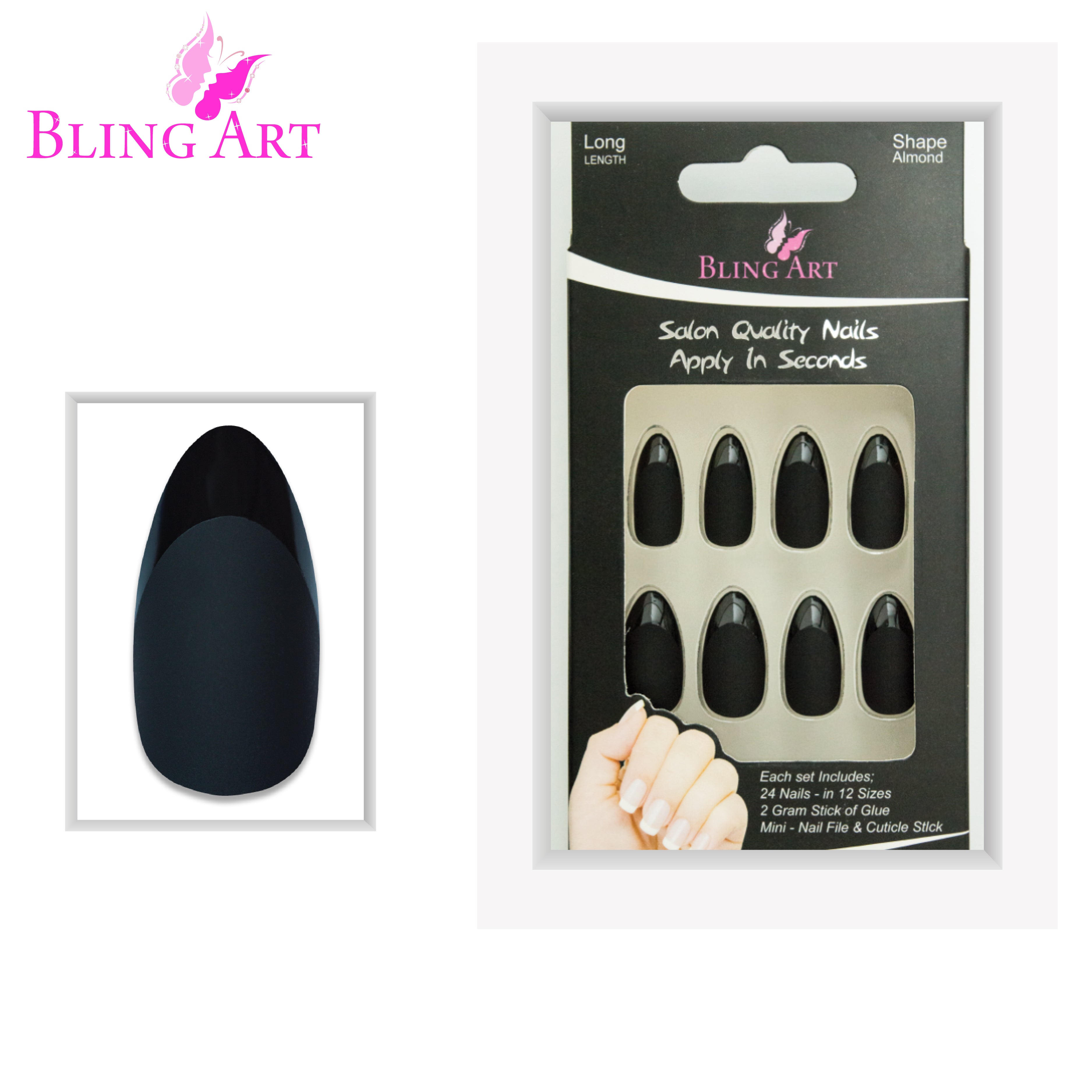 Black matte almond stiletto Bling Art press-on nails — full-hand reveal showing all 24 nails for evening wear and editorial styling.