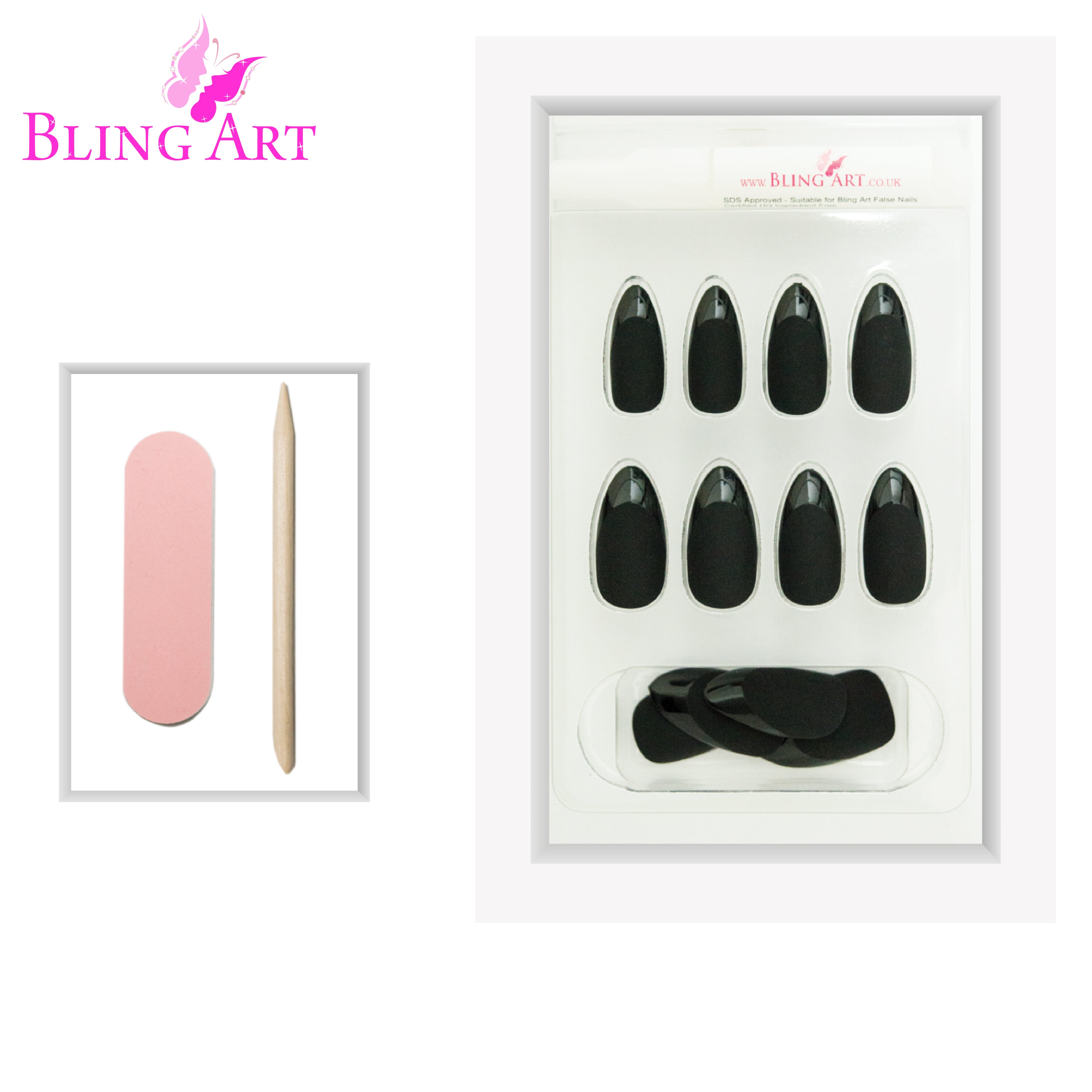 Black matte almond stiletto Bling Art press-on nails — lifestyle context shot showing the modern jet-black velvet matte finish.