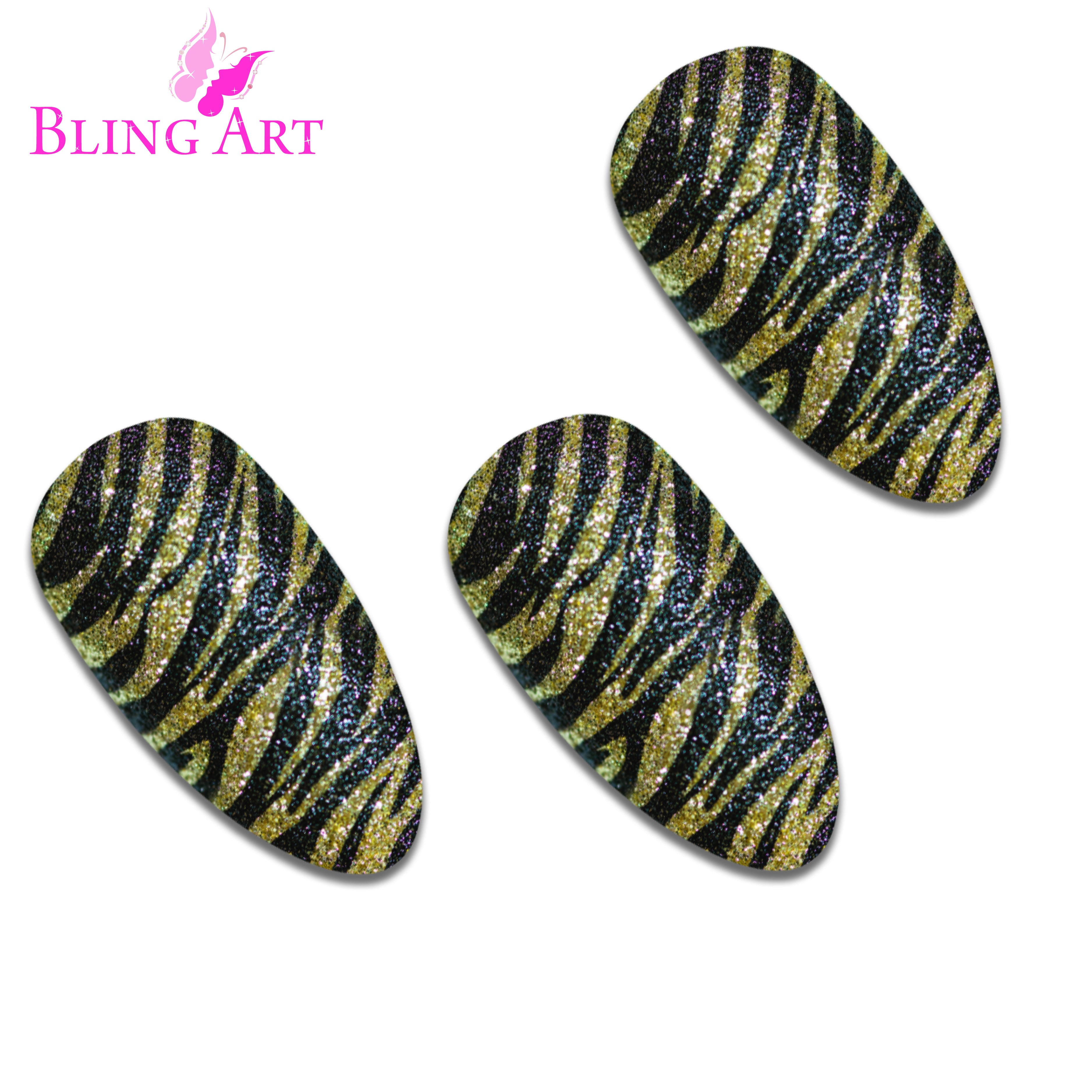 Gold Black almond stiletto Bling Art press-on nails — alternative angle revealing the two-tone bond line on the long almond stiletto shape.