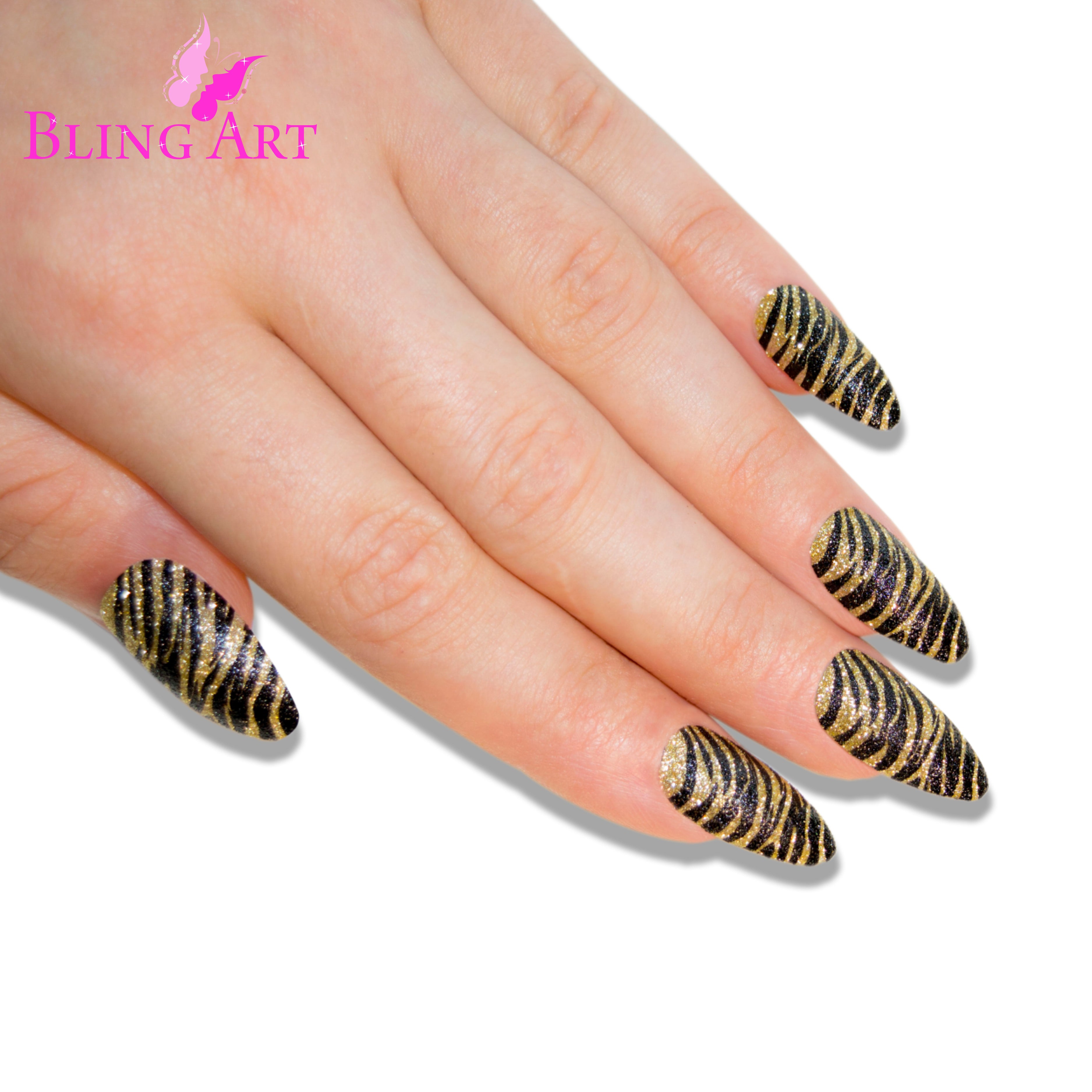 Gold Black almond stiletto Bling Art press-on nails — full-hand reveal showing all 24 nails for parties, weddings and Christmas events.