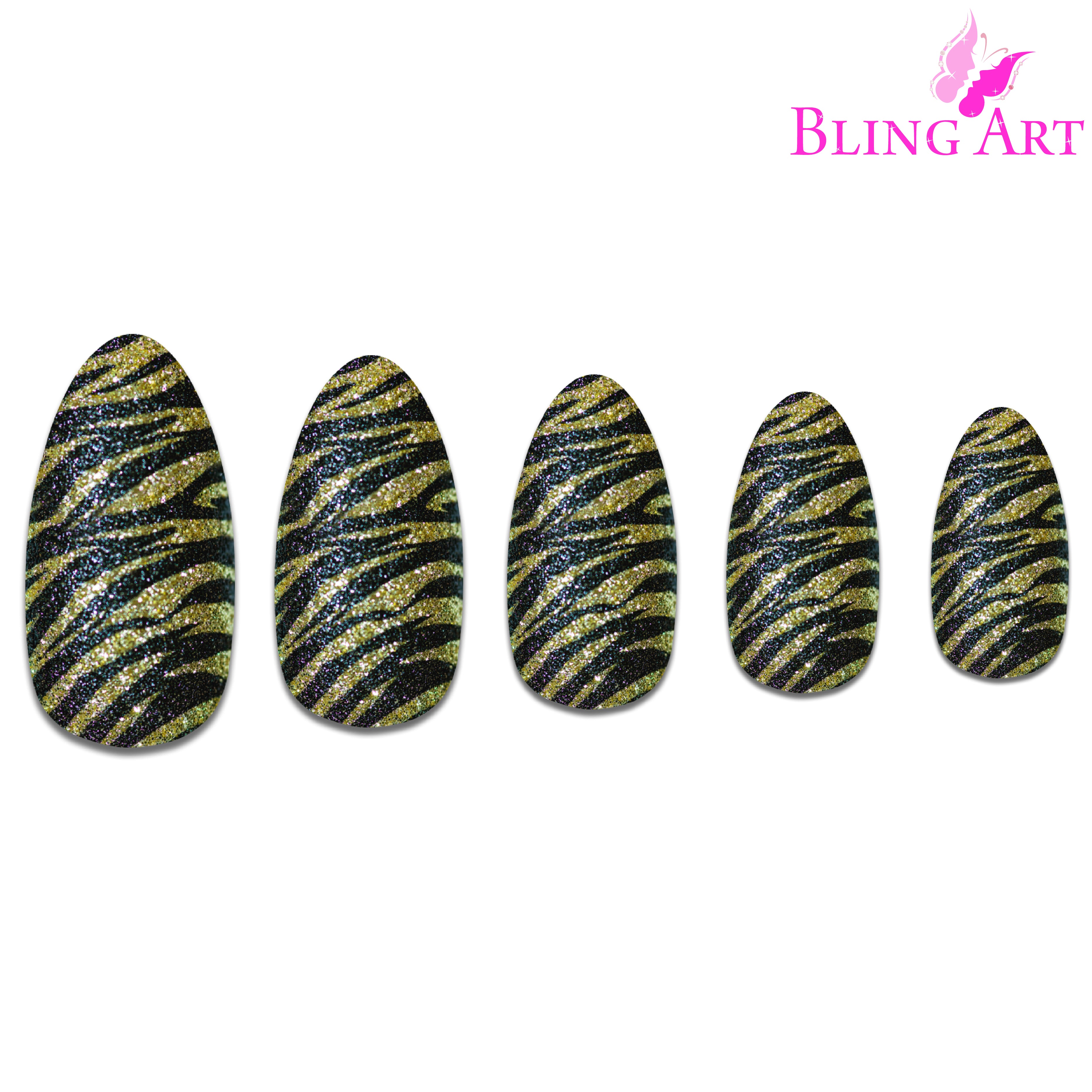 Gold Black almond stiletto Bling Art press-on nails — lifestyle context shot showing the luxe gold-and-black statement.
