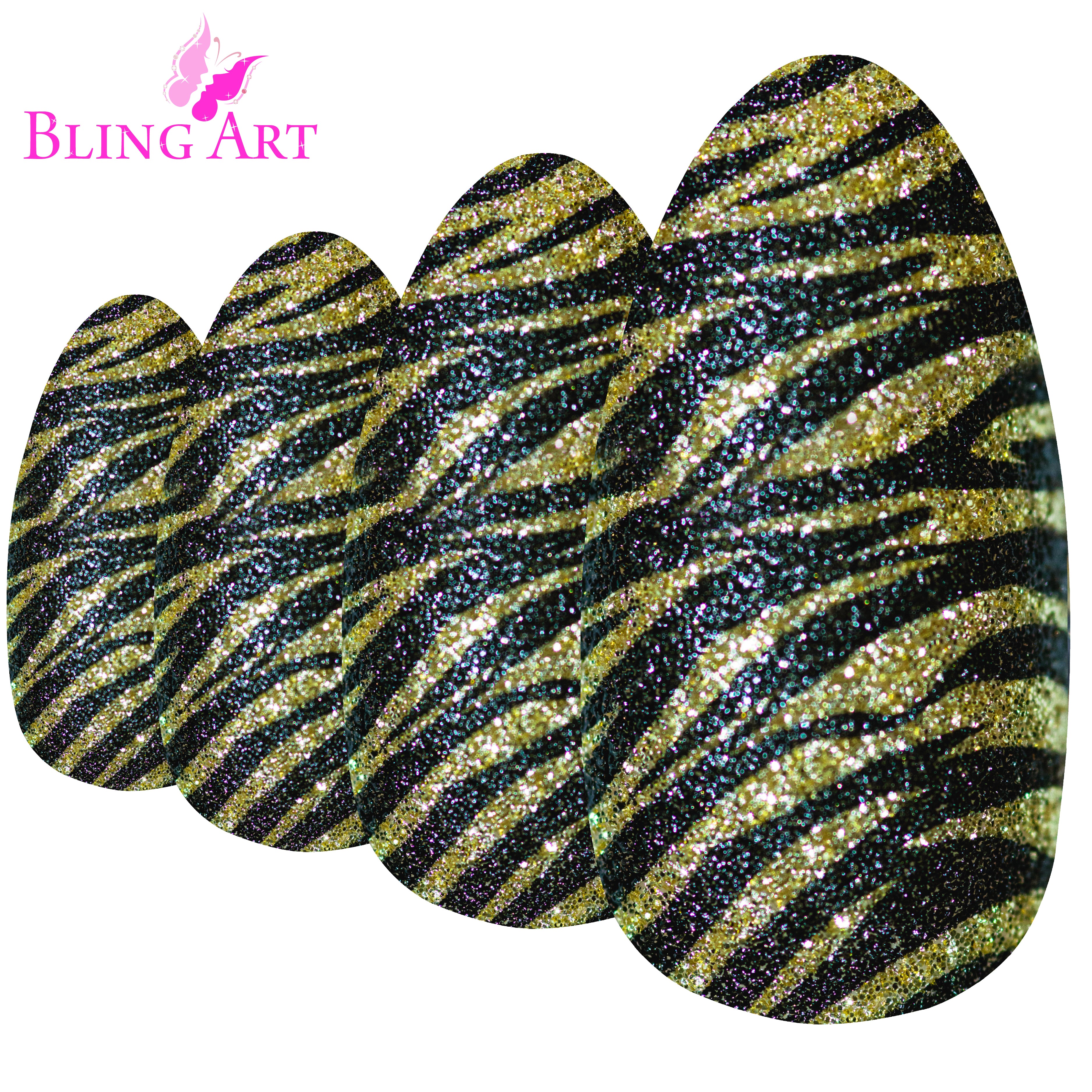 Gold Black almond stiletto Bling Art press-on nails — detail view showing the two-tone finish quality.