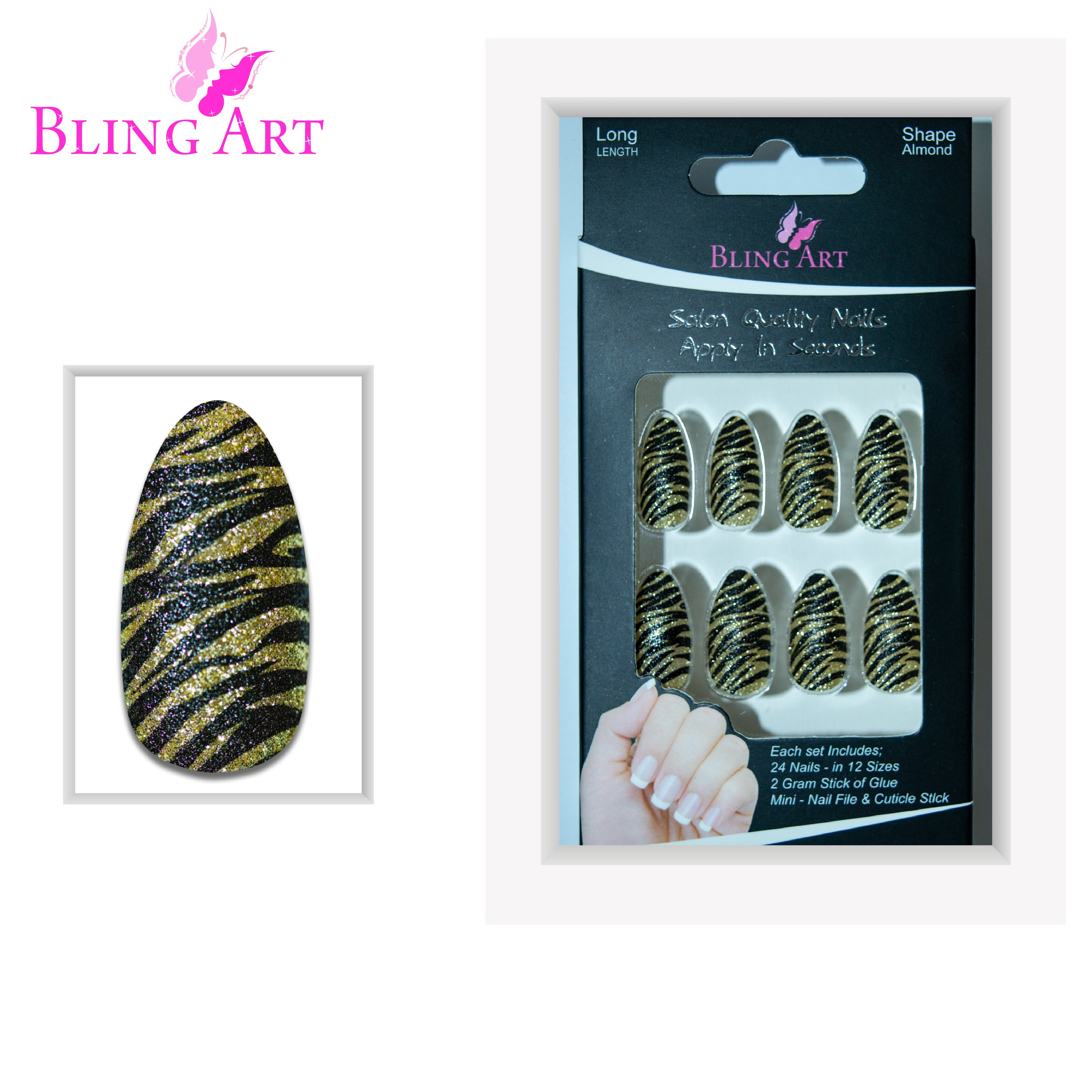 Bling Art Gold Black almond stiletto press-on nail set packaging — 24 nails, 12 sizes XS-XXL, file and cuticle stick included. Glue not included.
