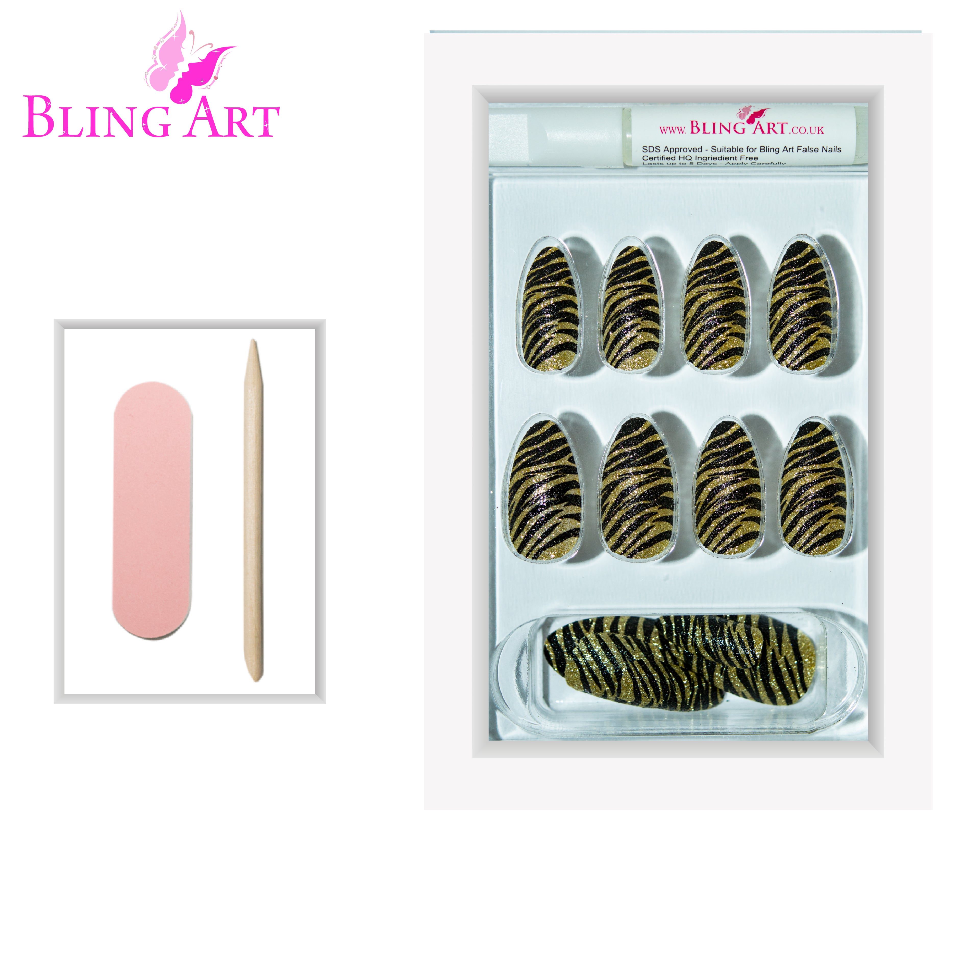Gold Black almond stiletto Bling Art press-on nails — additional product view showing the gold-and-black long tip silhouette.