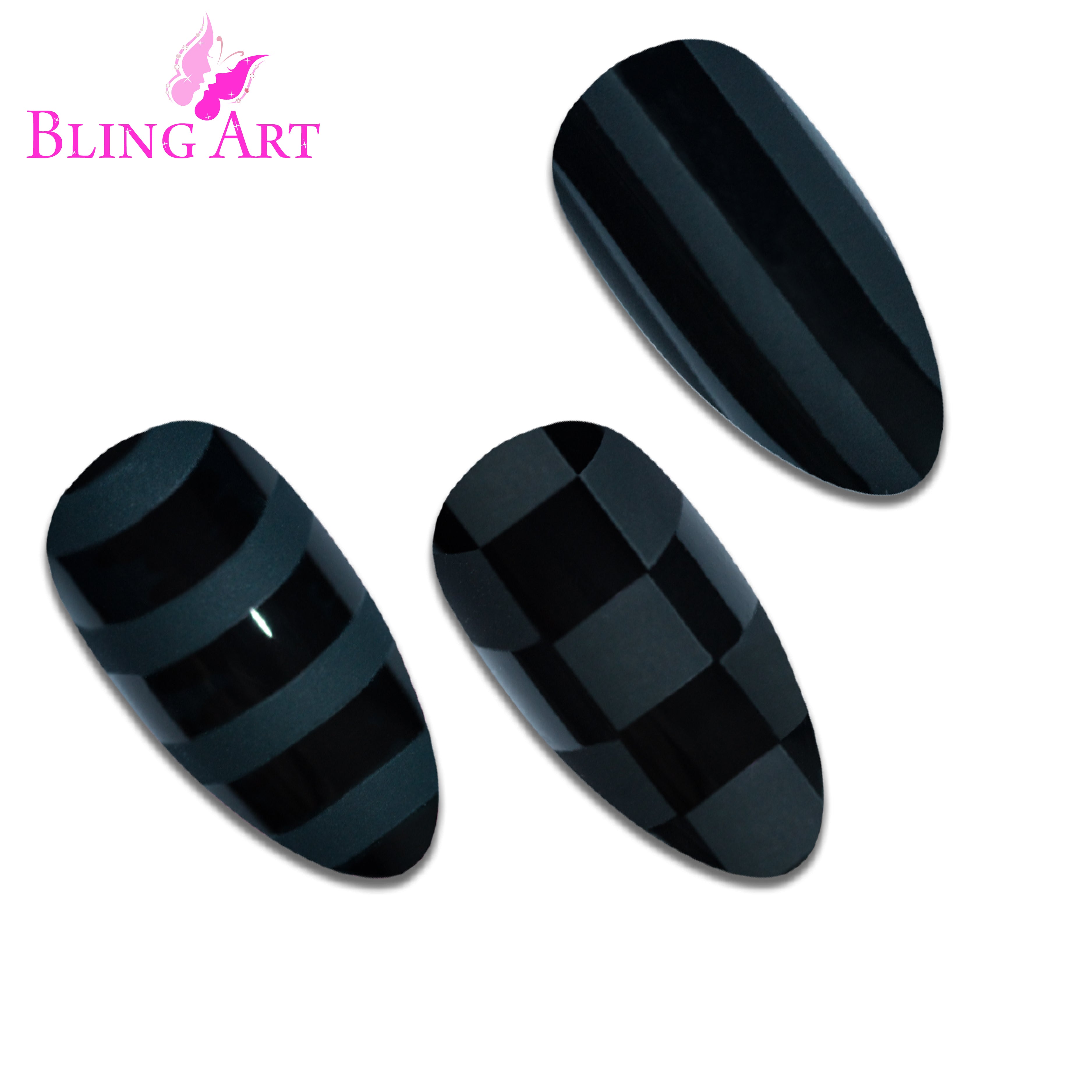 Bling Art Matte Black almond stiletto press-on nail set packaging — 24 nails, 12 sizes XS-XXL, file and cuticle stick included. Glue not included.