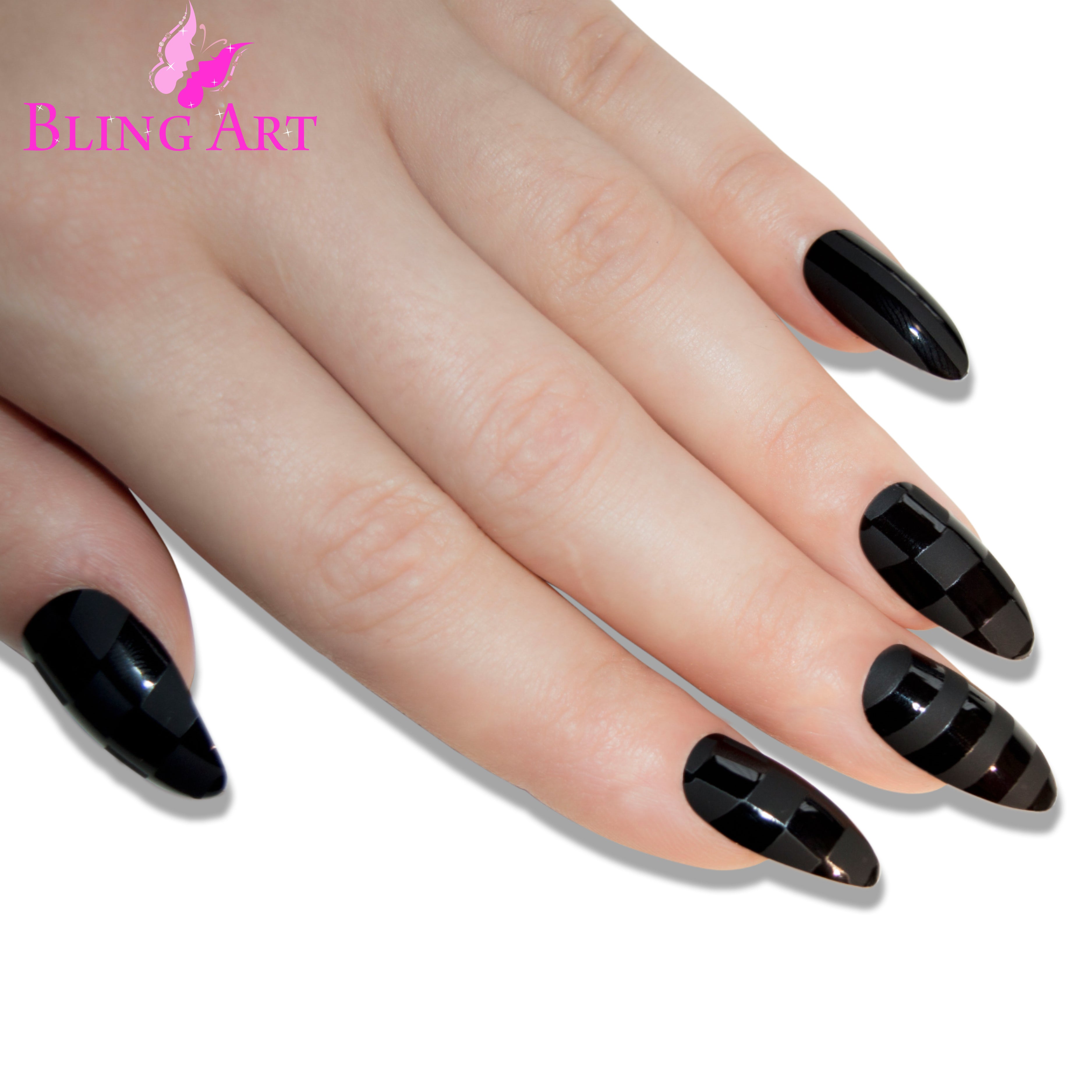 Matte Black almond stiletto Bling Art press-on nails — additional product view showing the matte black long tip silhouette.