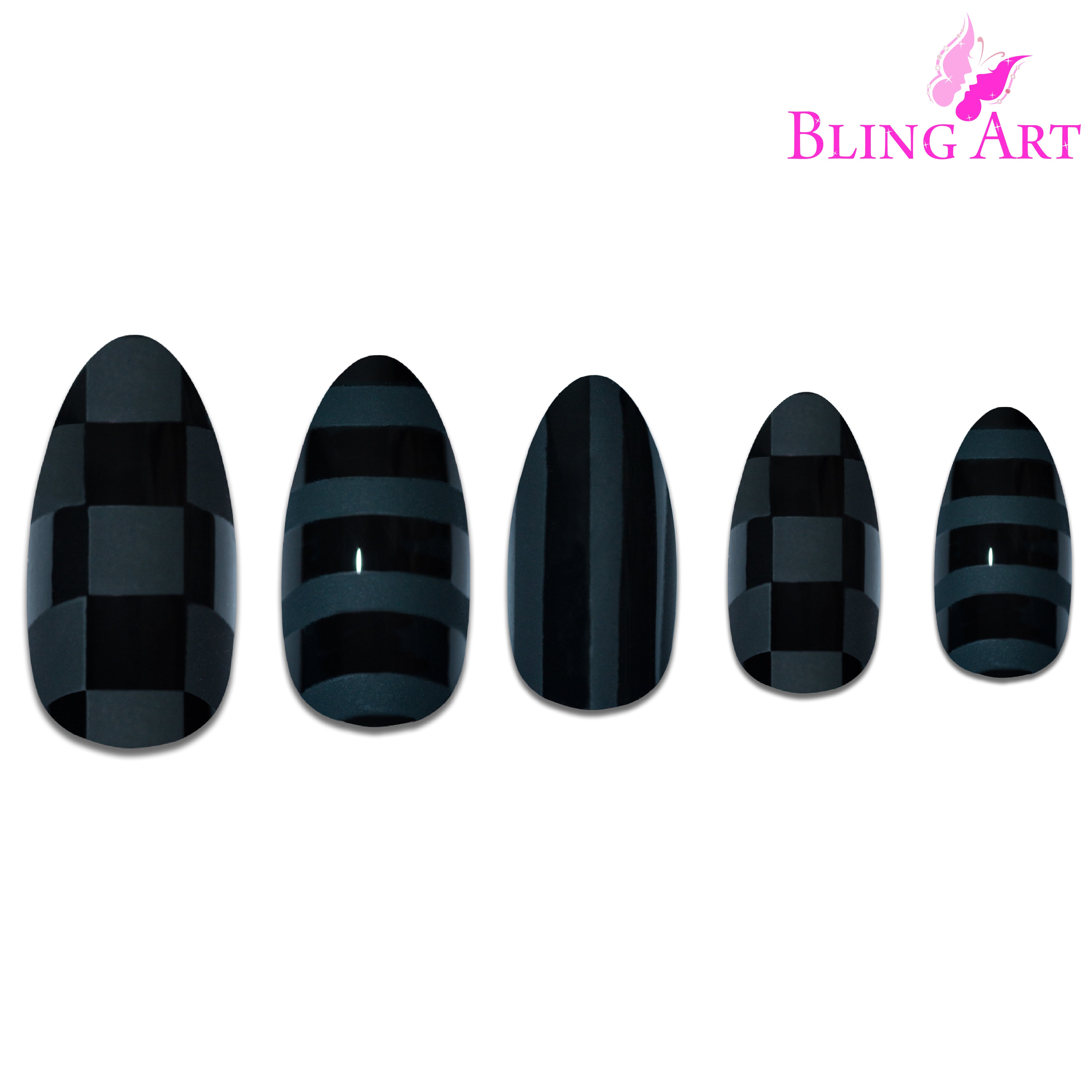 Matte Black almond stiletto Bling Art press-on nails — alternative angle revealing the bond line on the long almond stiletto shape.