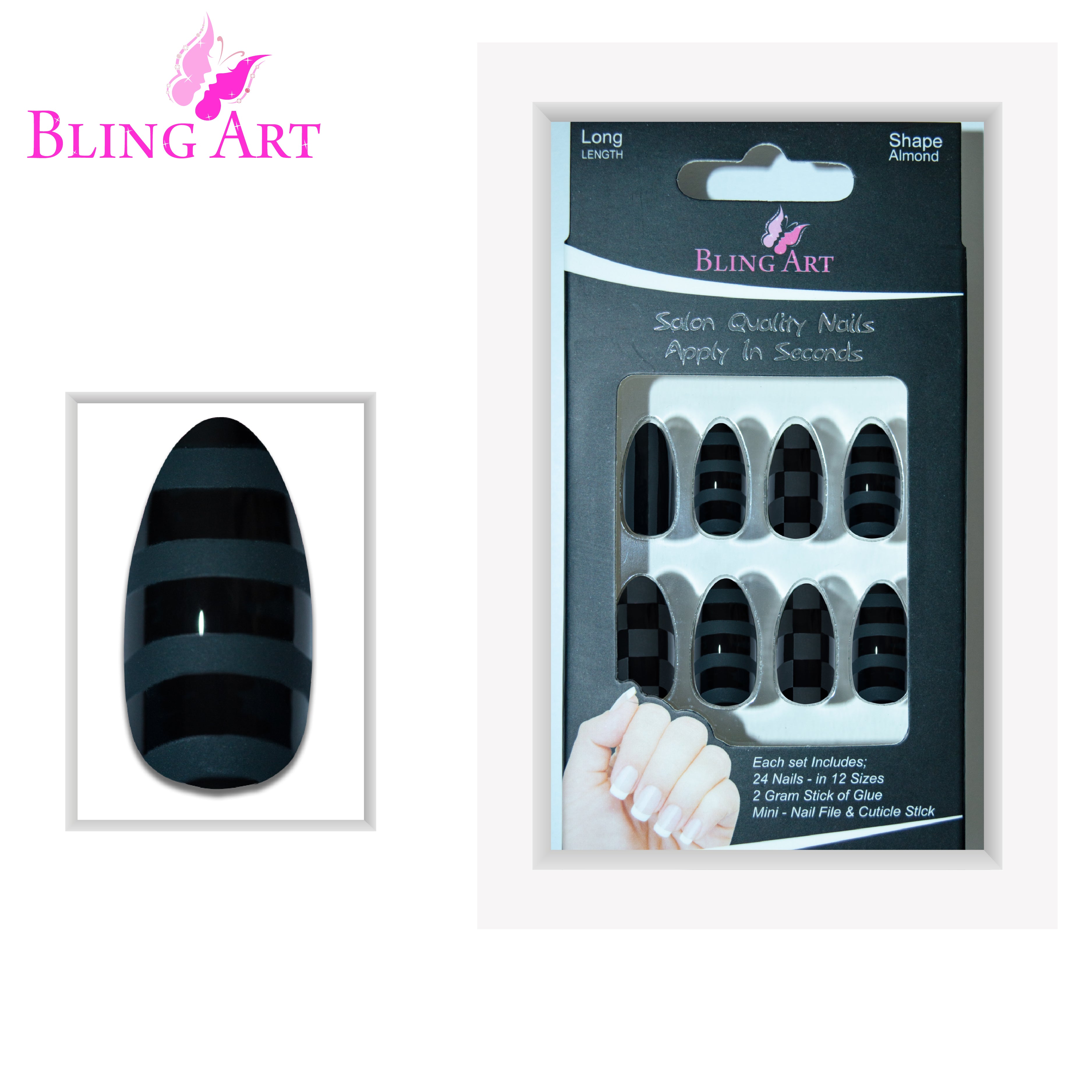 Matte Black almond stiletto Bling Art press-on nails — full-hand reveal showing all 24 nails for evening wear and editorial styling.