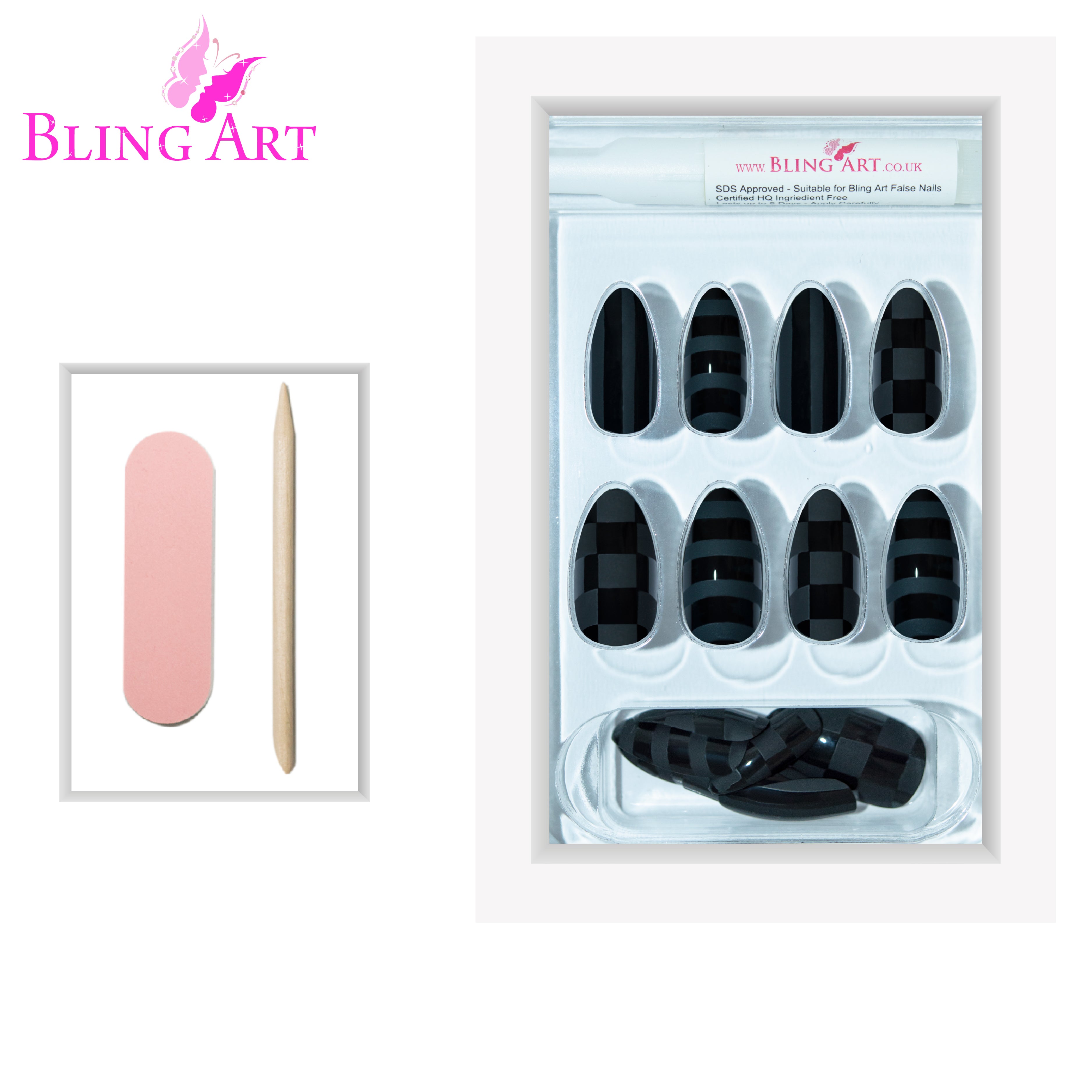 Matte Black almond stiletto Bling Art press-on nails — lifestyle context shot showing the fierce bold matte finish.