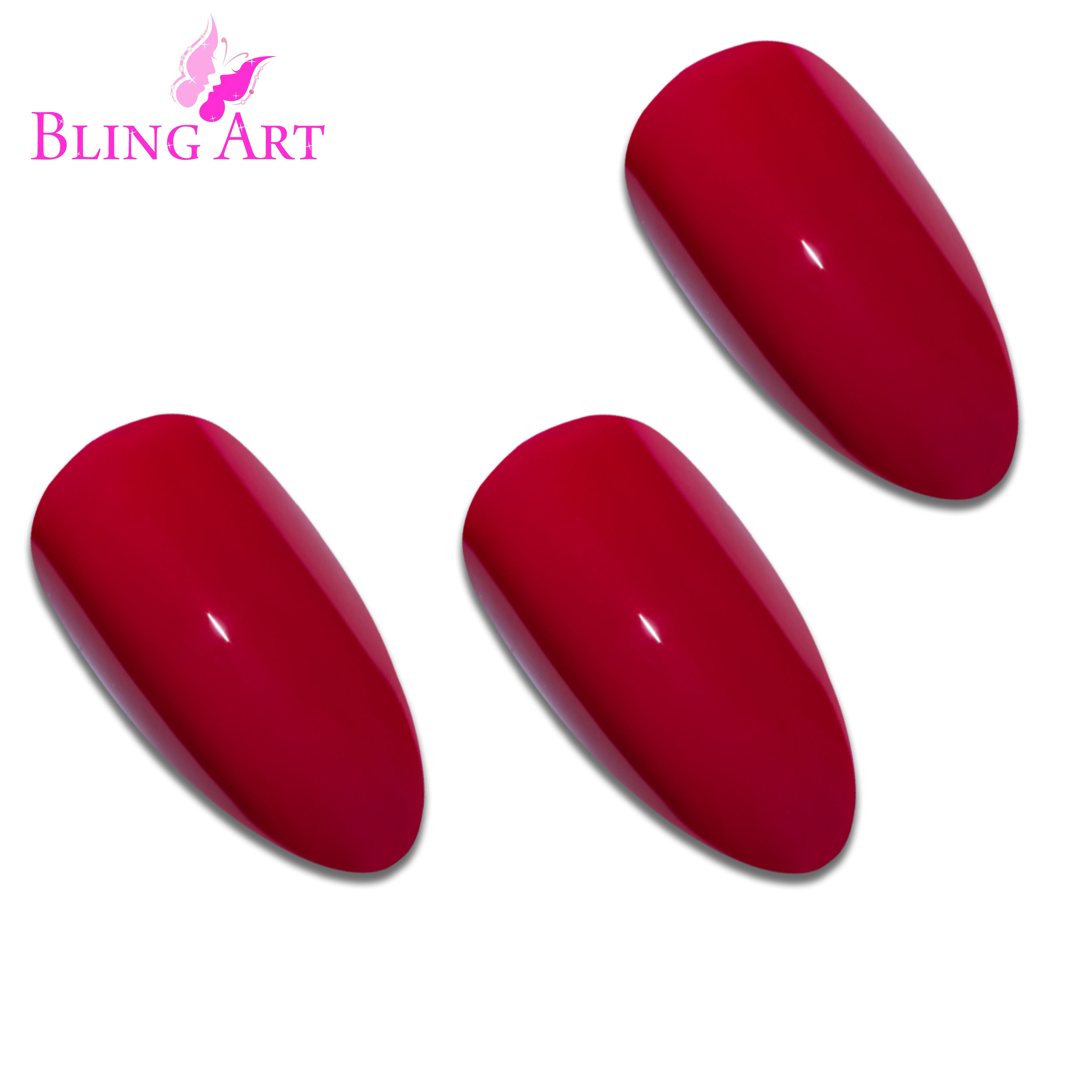 Red polished almond stiletto Bling Art press-on nails — full-hand reveal showing all 24 nails for date nights, parties and Valentine's.