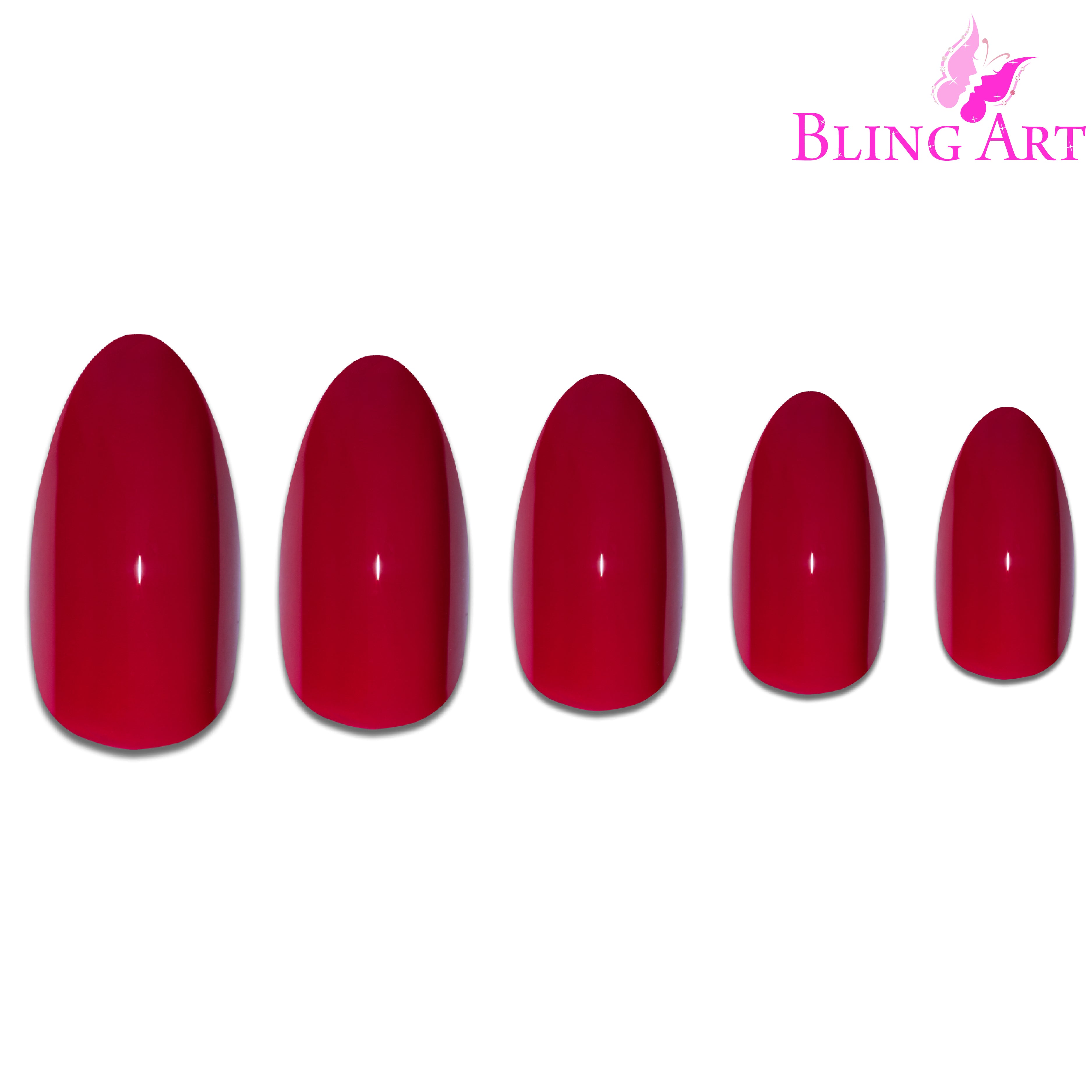 Red polished almond stiletto Bling Art press-on nails — lifestyle context shot showing the bold crimson high-shine finish.