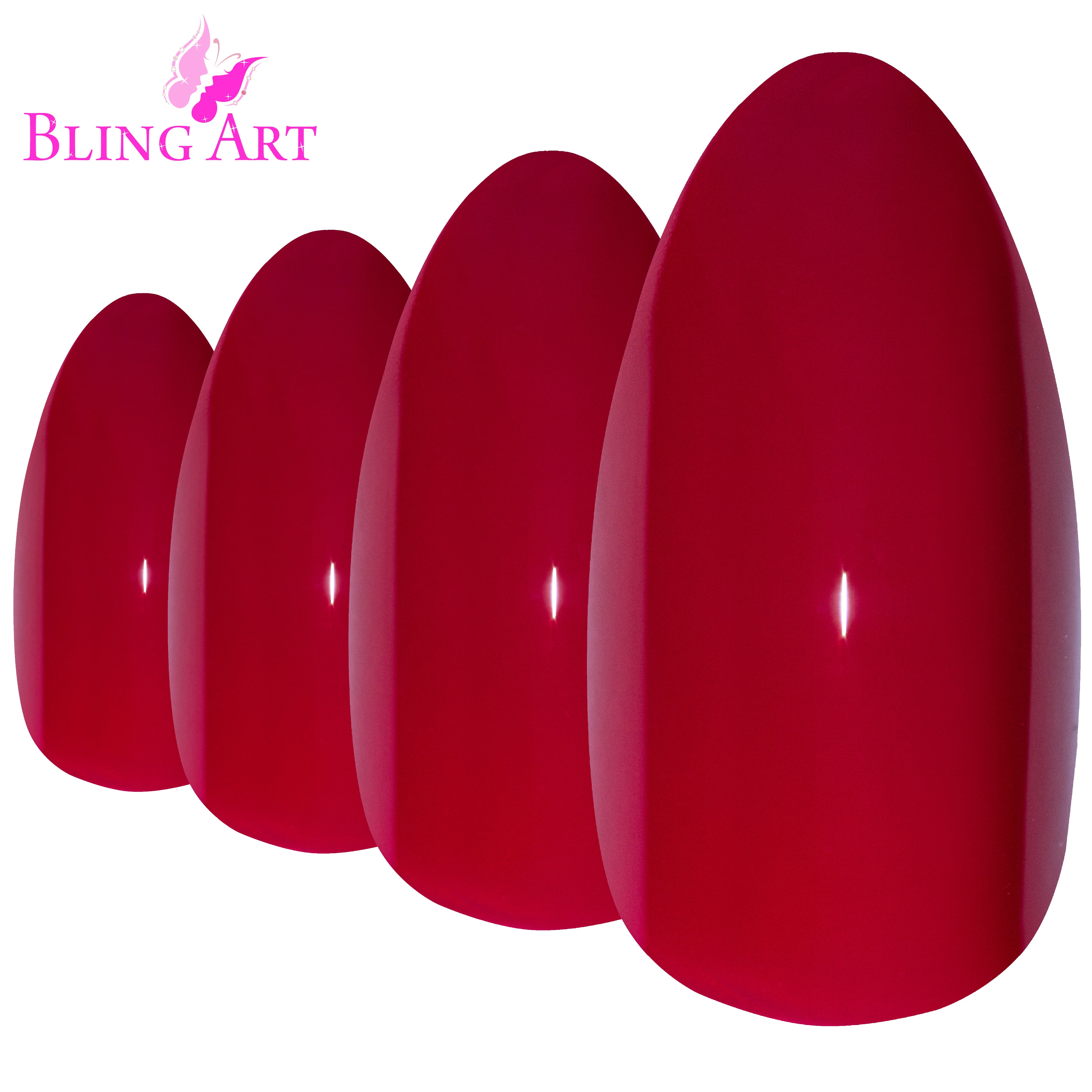Red polished almond stiletto Bling Art press-on nails — alternative angle revealing the bond line on the long almond stiletto shape.