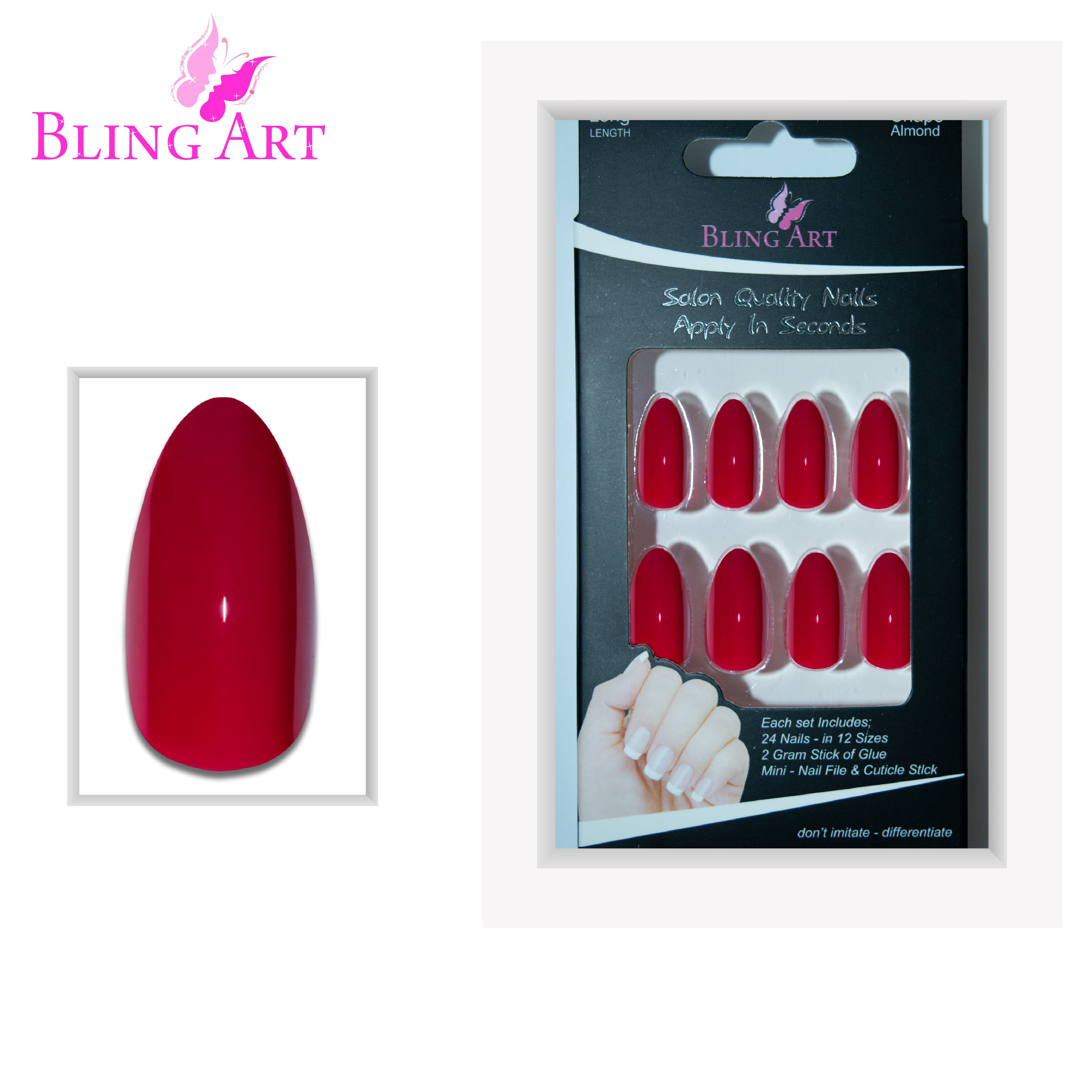 Bling Art Red polished almond stiletto press-on nail set packaging — 24 nails, 12 sizes XS-XXL, file and cuticle stick included. Glue not included.