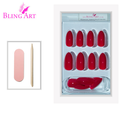 Red polished almond stiletto Bling Art press-on nails — worn-hand close-up showing the crimson high-shine on long pointed almond stiletto tips. Almond = Stiletto (same shape).