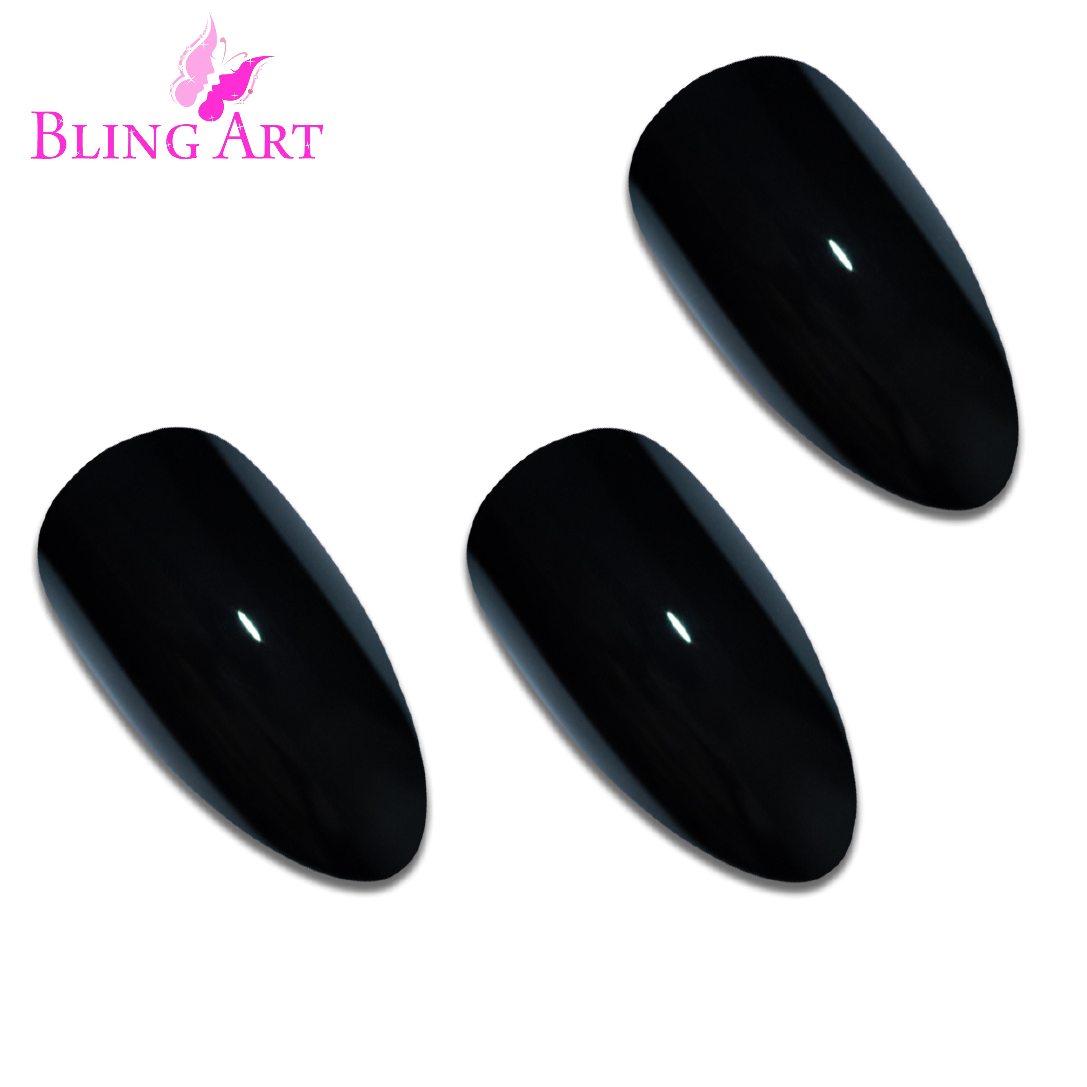 Black polished almond stiletto Bling Art press-on nails — full-hand reveal showing all 24 nails for evening wear and editorial styling.