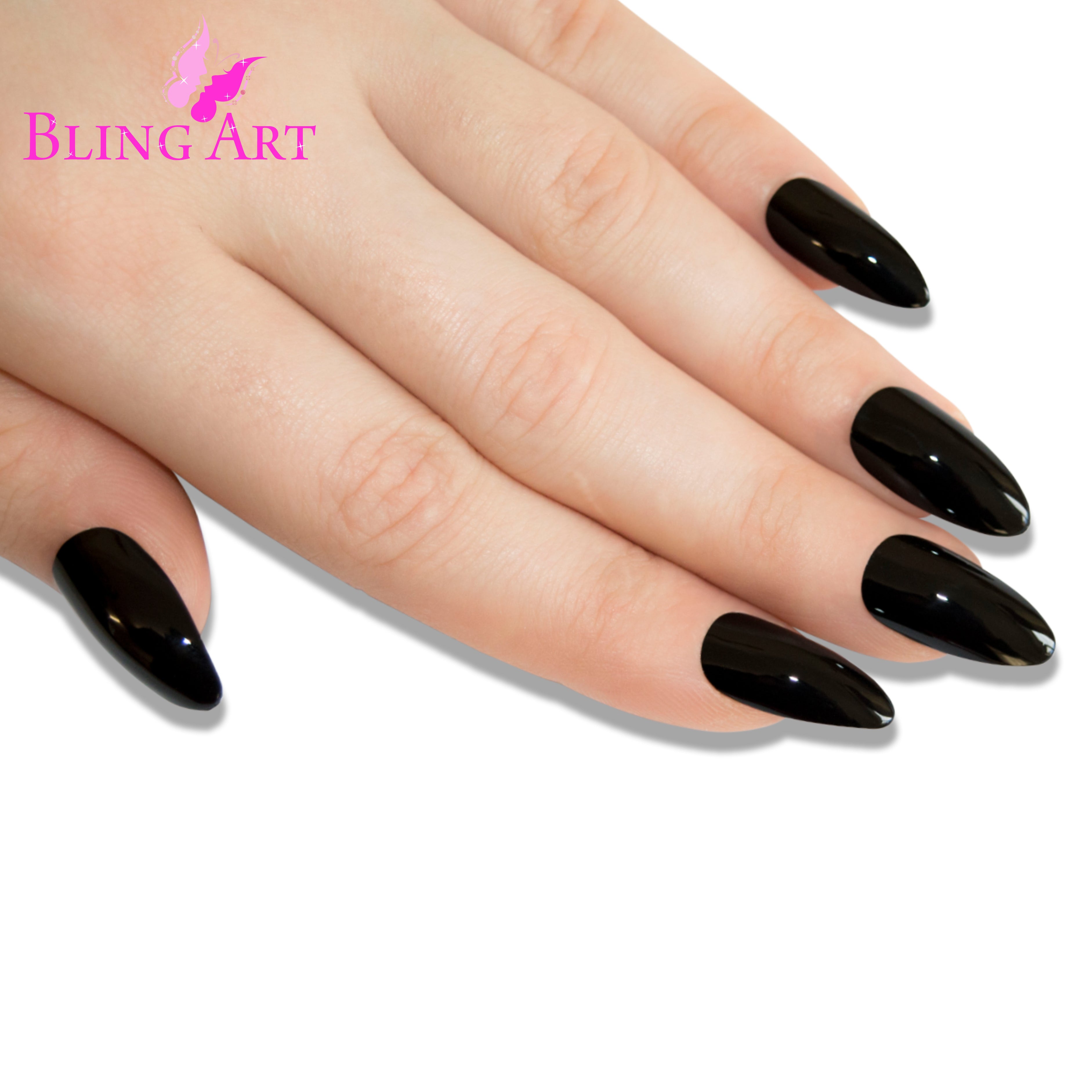 Black polished almond stiletto Bling Art press-on nails — lifestyle context shot showing the sleek jet-black high-shine finish.