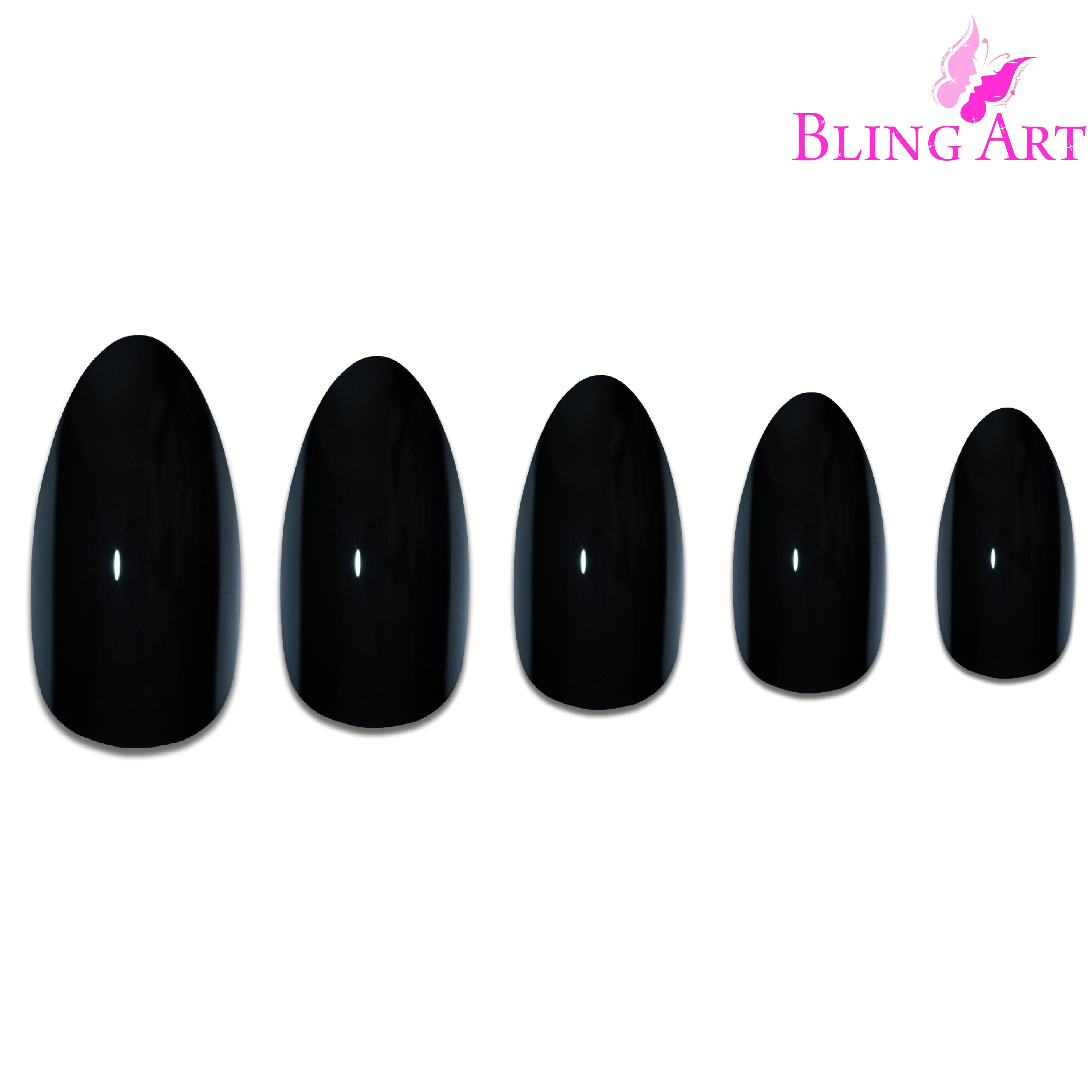 Bling Art Black polished almond stiletto press-on nail set packaging — 24 nails, 12 sizes XS-XXL, file and cuticle stick included. Glue not included.