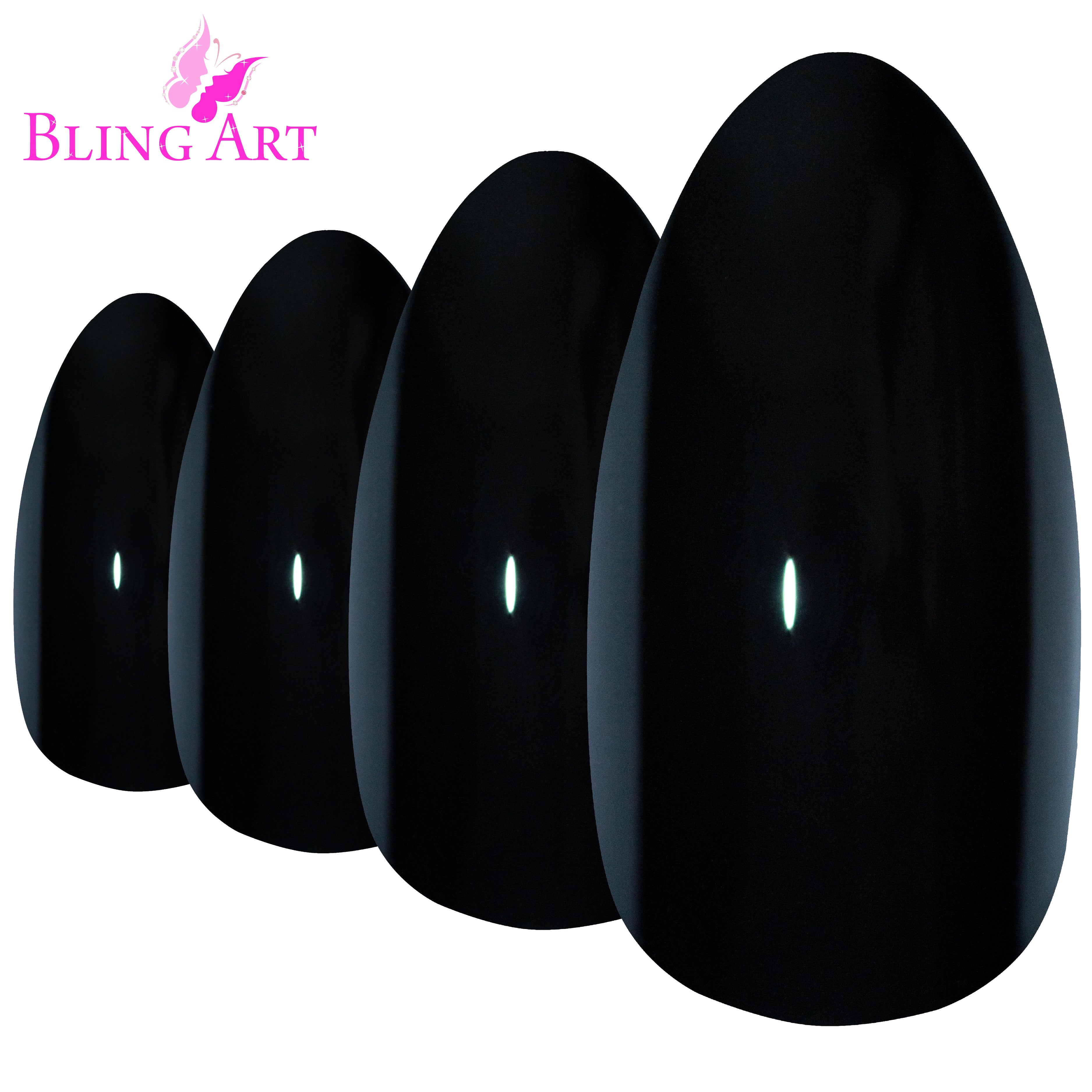 Black polished almond stiletto Bling Art press-on nails — worn-hand close-up showing the jet-black high-shine on long pointed almond stiletto tips. Almond = Stiletto (same shape).