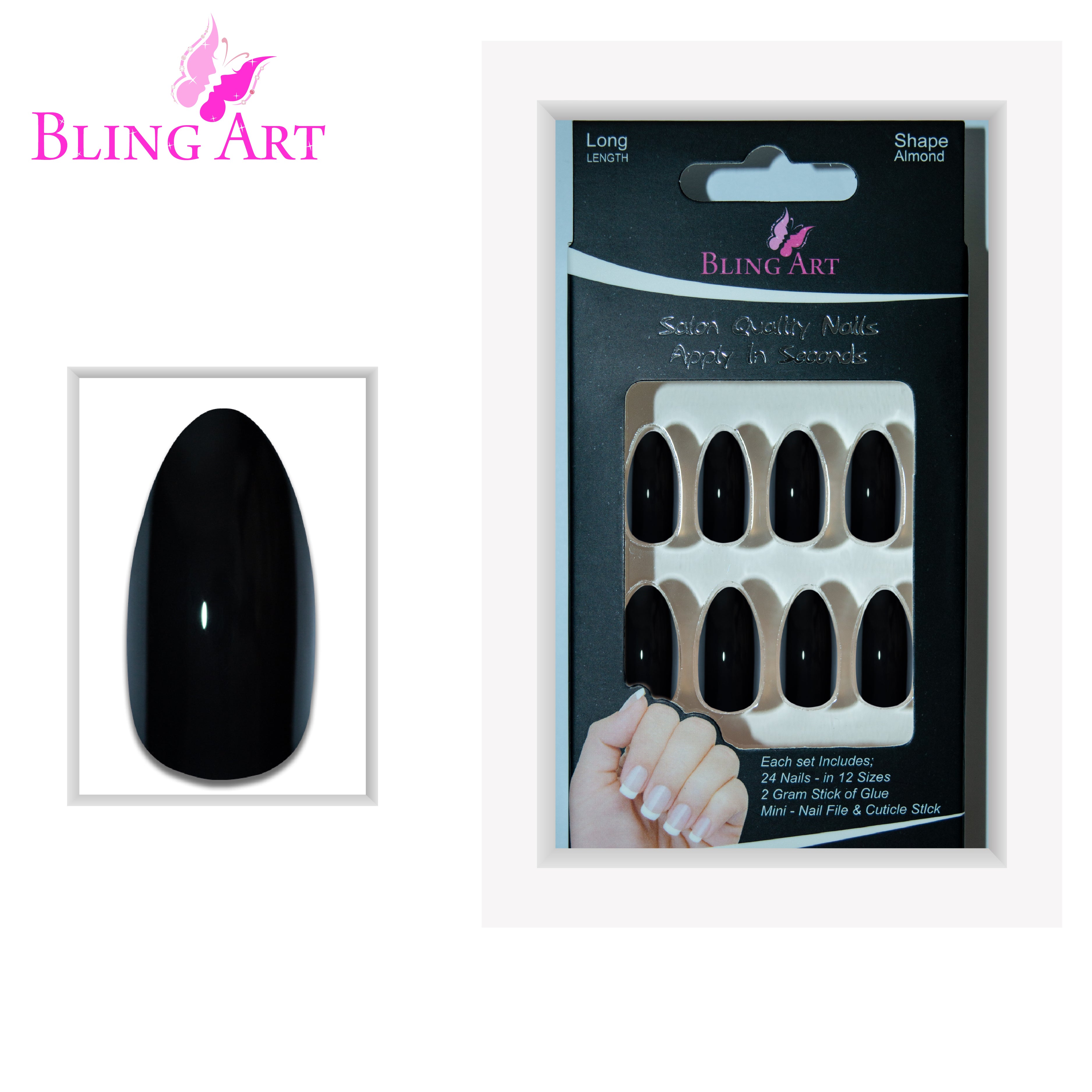Black polished almond stiletto Bling Art press-on nails — additional product view showing the jet-black long tip silhouette.