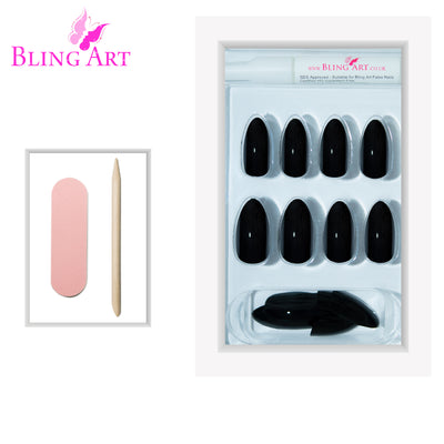 Deep jet black high-polish almond stiletto long press-on false nails by Bling Art — sleek bold-length statement for evening wear and editorial styling · high-shine polished finish · long almond stiletto tips · 24 nails per set with adhesive · designed in Yorkshire