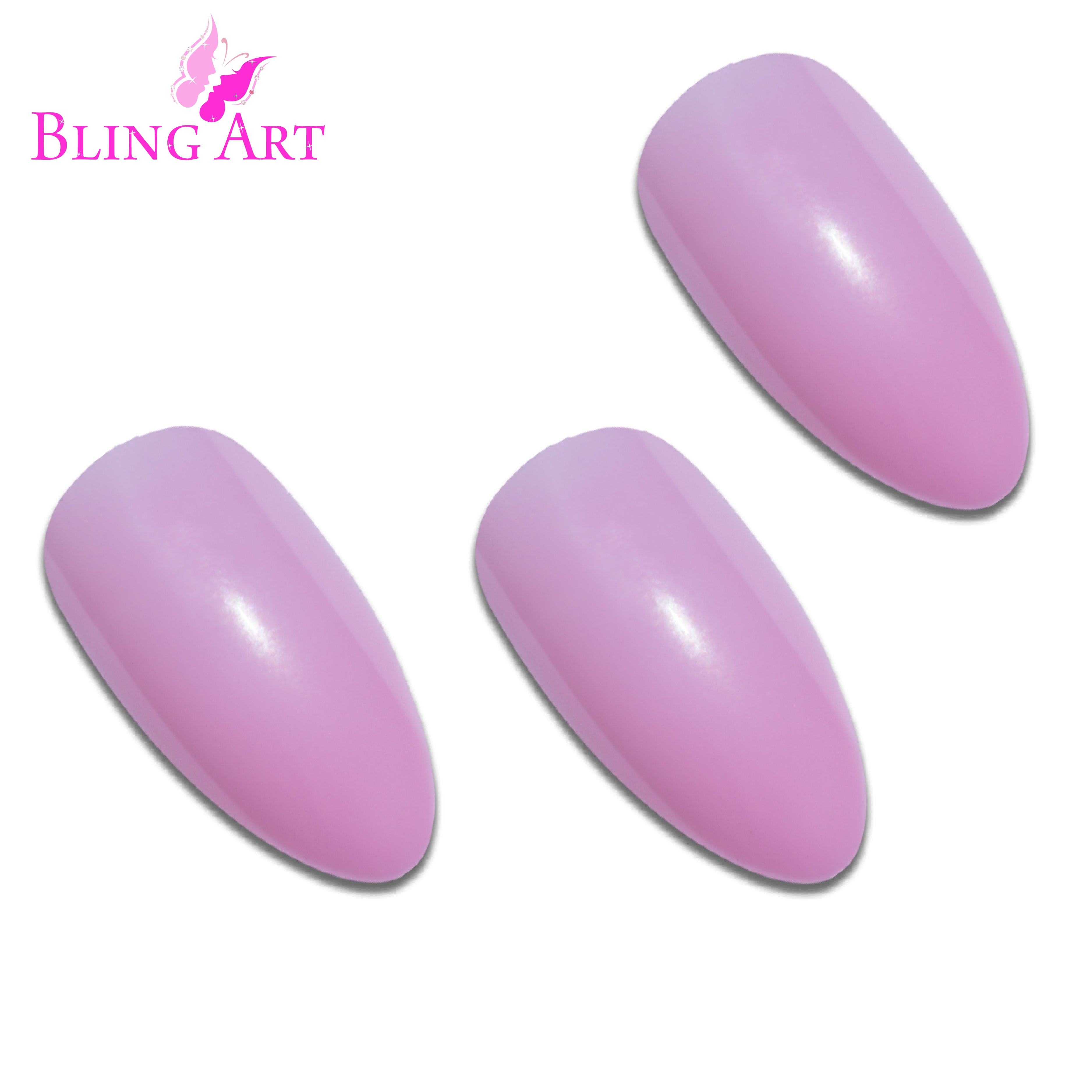 Pink polished almond stiletto Bling Art press-on nails — worn-hand close-up showing the blush-pink high-shine on long pointed almond stiletto tips. Almond = Stiletto (same shape).